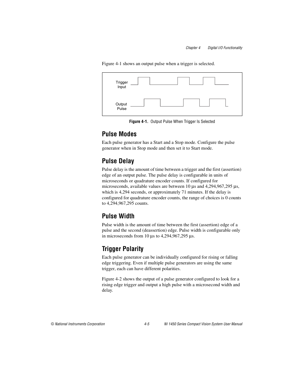 Figure 4-1. output pulse when trigger is selected, Pulse modes, Pulse delay | Pulse width, Trigger polarity, Pulse modes -5 pulse delay -5, Pulse width -5 trigger polarity -5 | National Instruments NI 1450 Series User Manual | Page 50 / 83