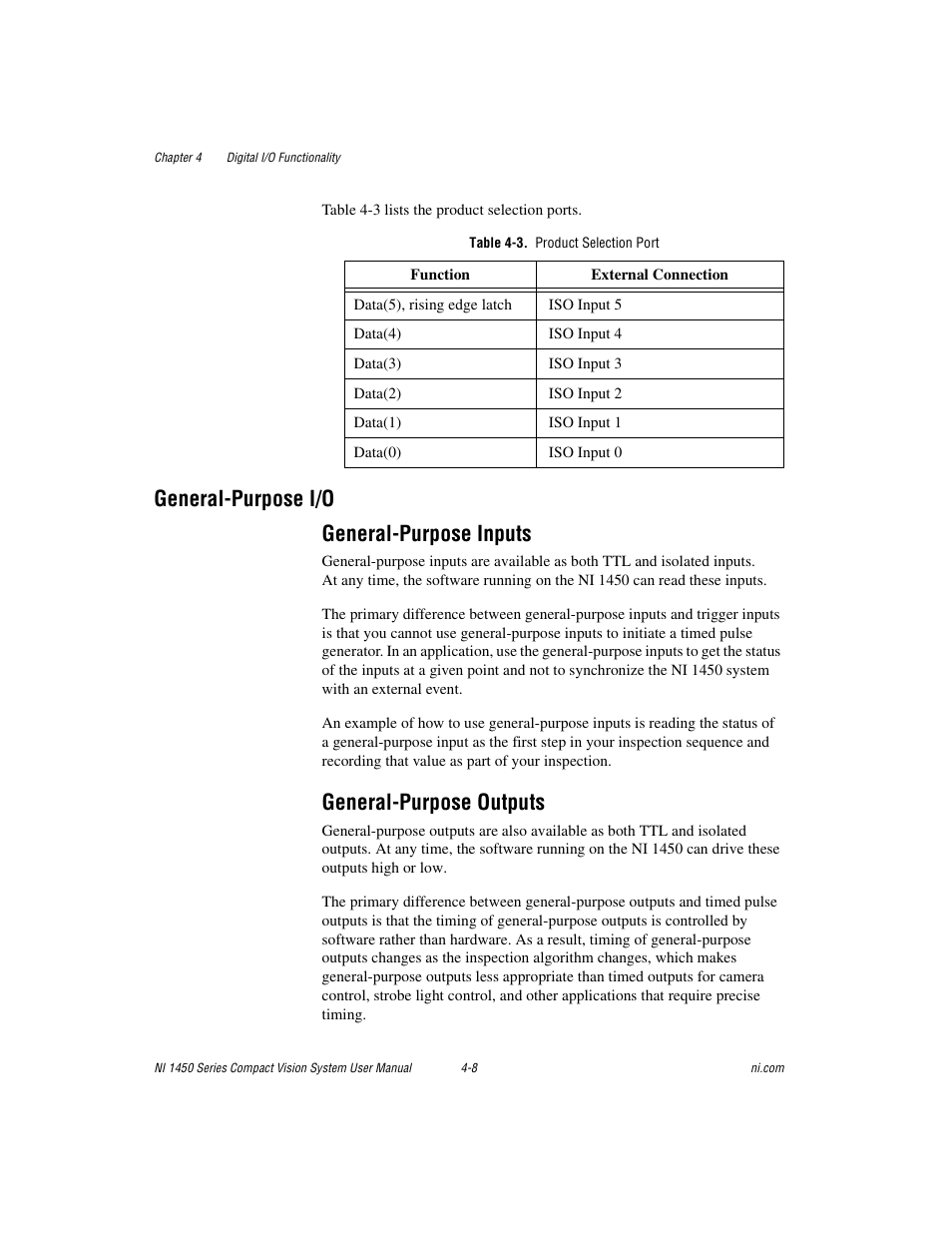 Table 4-3. product selection port, General-purpose i/o, General-purpose inputs | General-purpose outputs, General-purpose i/o -8, General-purpose i/o general-purpose inputs | National Instruments NI 1450 Series User Manual | Page 53 / 83