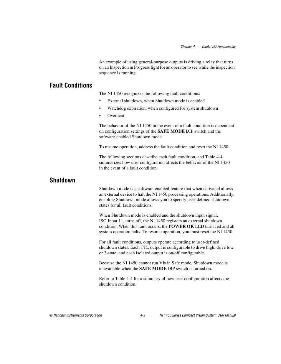 Fault conditions, Shutdown, Fault conditions -9 shutdown -9 | National Instruments NI 1450 Series User Manual | Page 54 / 83