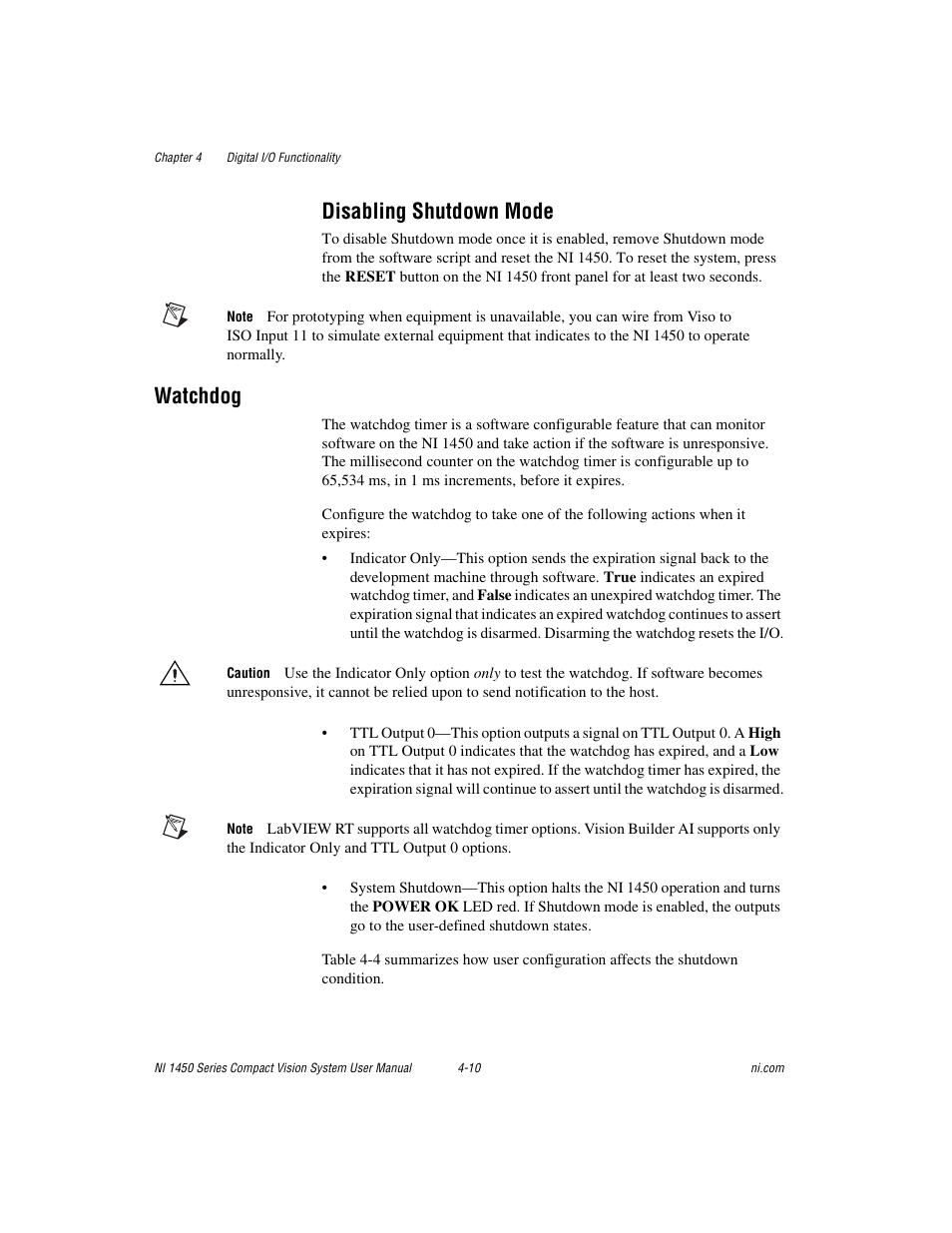 Disabling shutdown mode, Watchdog, Disabling shutdown mode -10 | Watchdog -10 | National Instruments NI 1450 Series User Manual | Page 55 / 83