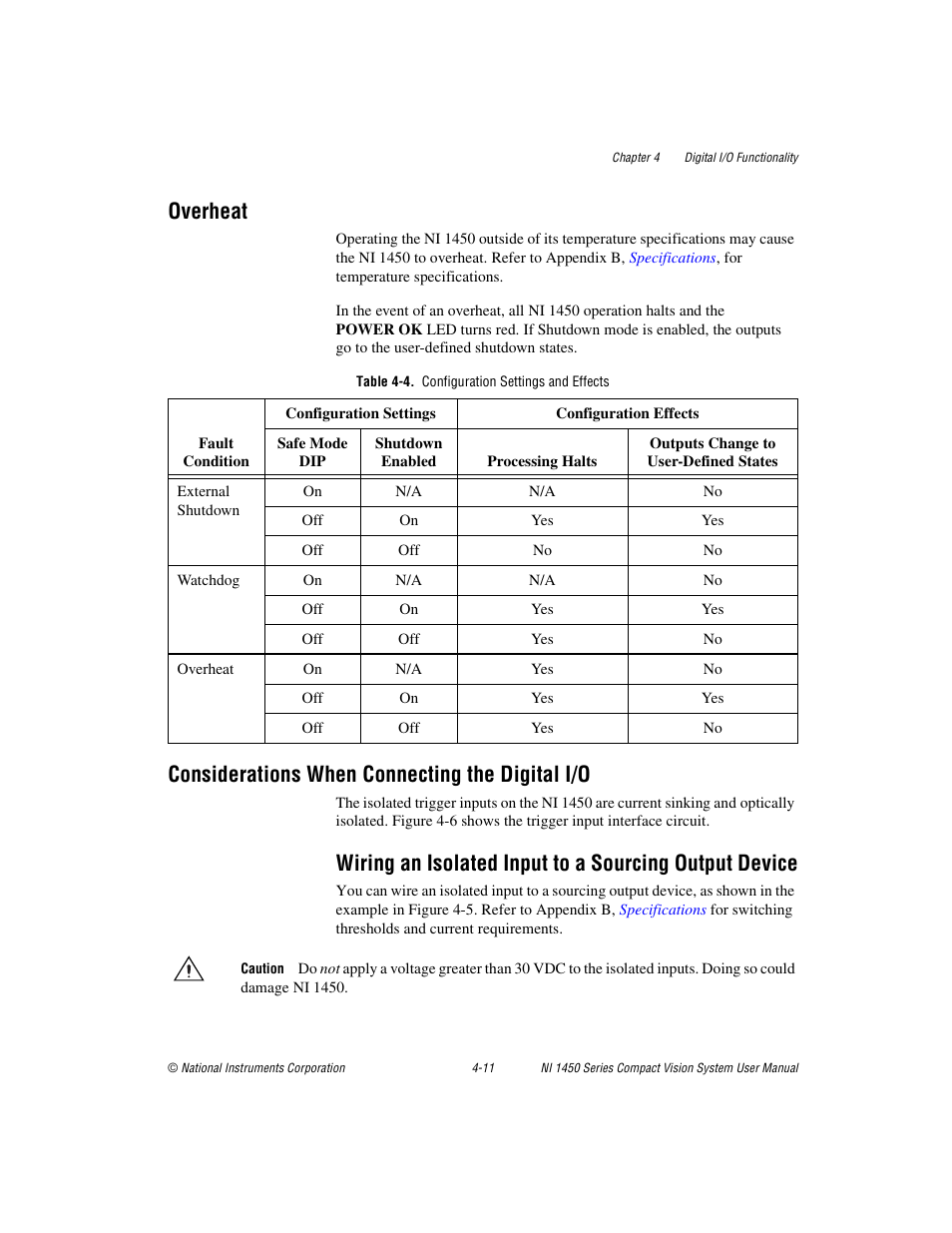 Overheat, Table 4-4. configuration settings and effects, Considerations when connecting the digital i/o | National Instruments NI 1450 Series User Manual | Page 56 / 83