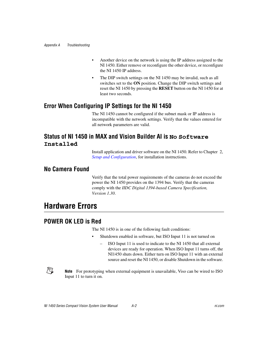 Hardware errors, Error when configuring ip settings for the ni 1450, No camera found | Power ok led is red | National Instruments NI 1450 Series User Manual | Page 65 / 83