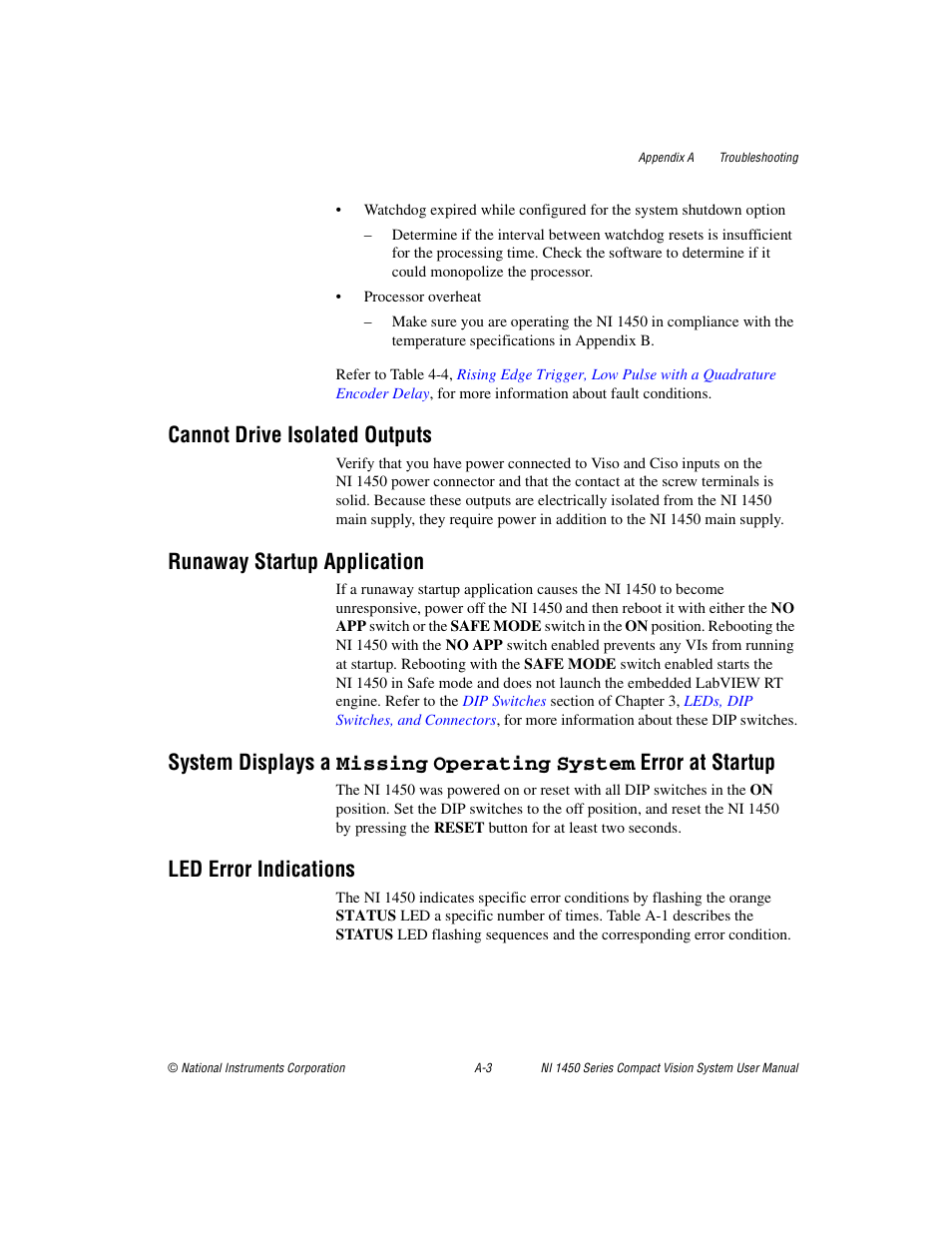 Cannot drive isolated outputs, Runaway startup application, Led error indications | National Instruments NI 1450 Series User Manual | Page 66 / 83