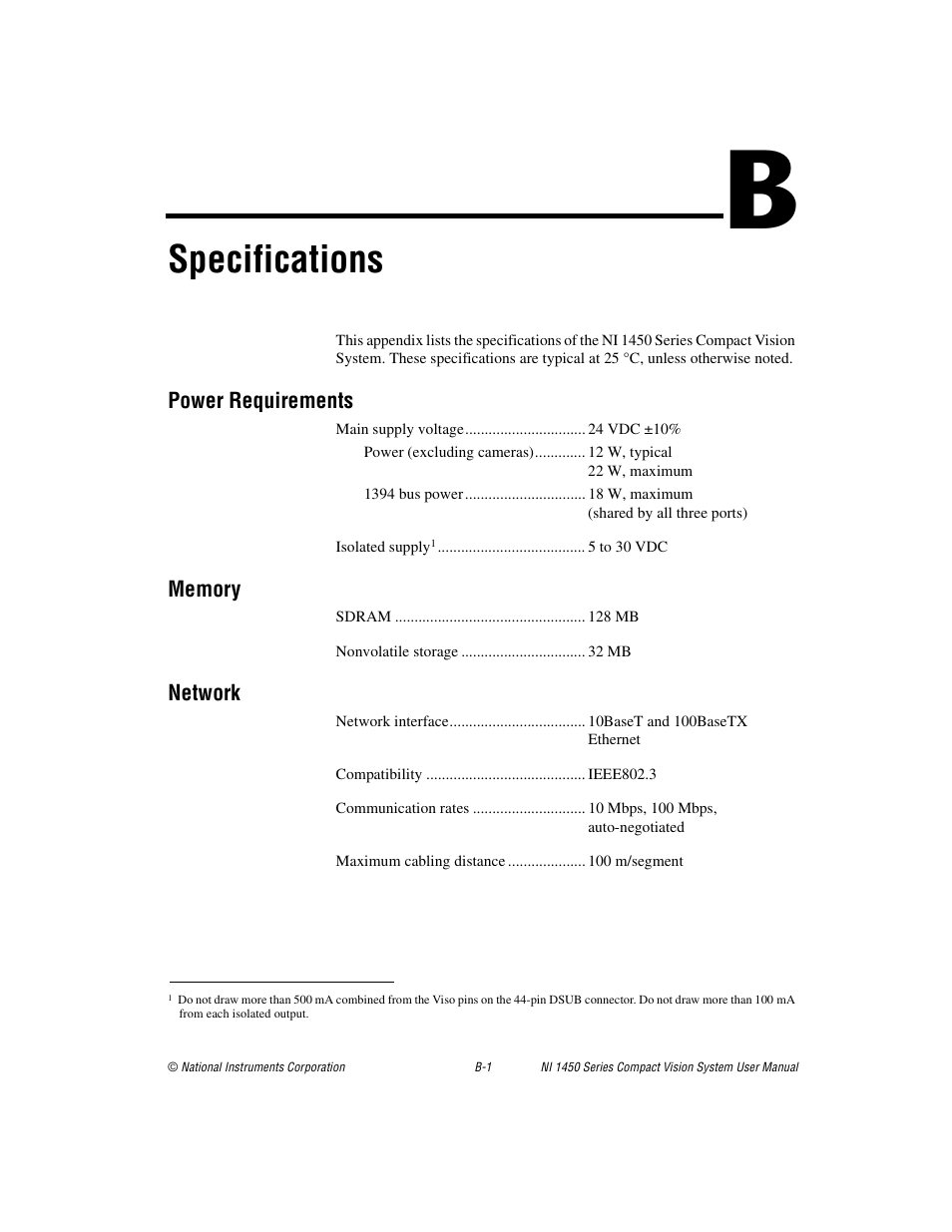 Appendix b specifications, Specifications | National Instruments NI 1450 Series User Manual | Page 68 / 83