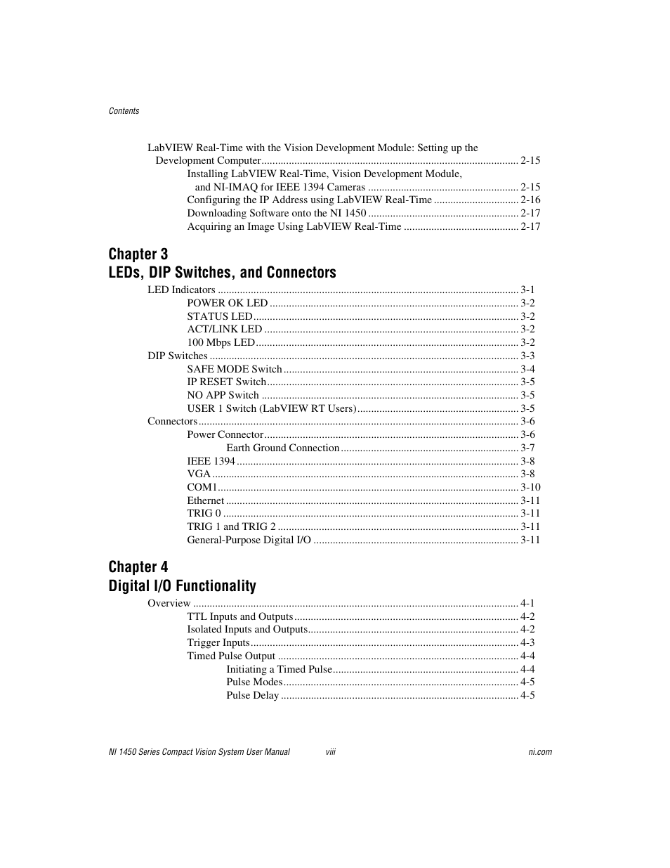 Chapter 3 leds, dip switches, and connectors, Chapter 4 digital i/o functionality | National Instruments NI 1450 Series User Manual | Page 7 / 83