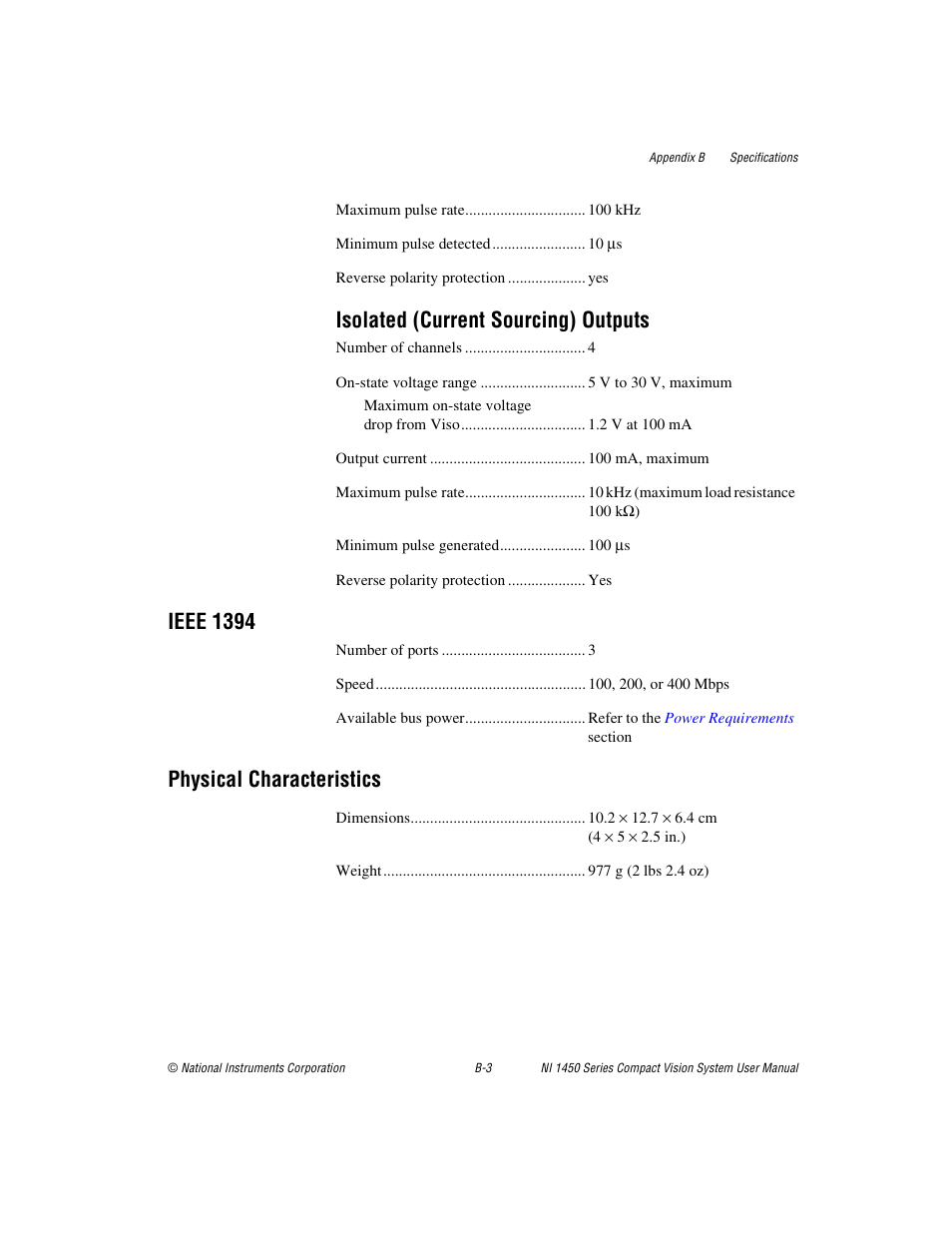 Isolated (current sourcing) outputs, Ieee 1394, Physical characteristics | National Instruments NI 1450 Series User Manual | Page 70 / 83