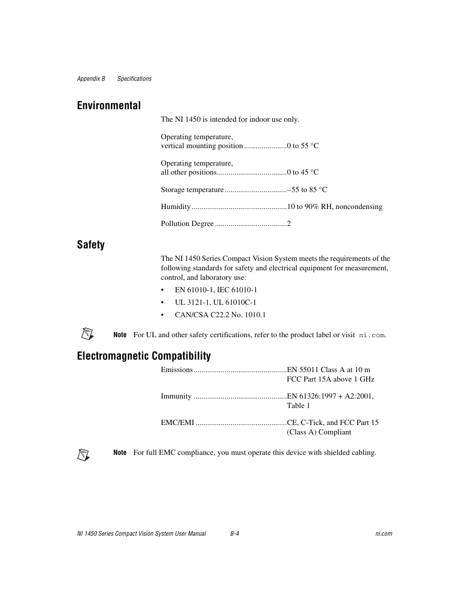 Environmental, Safety, Electromagnetic compatibility | National Instruments NI 1450 Series User Manual | Page 71 / 83