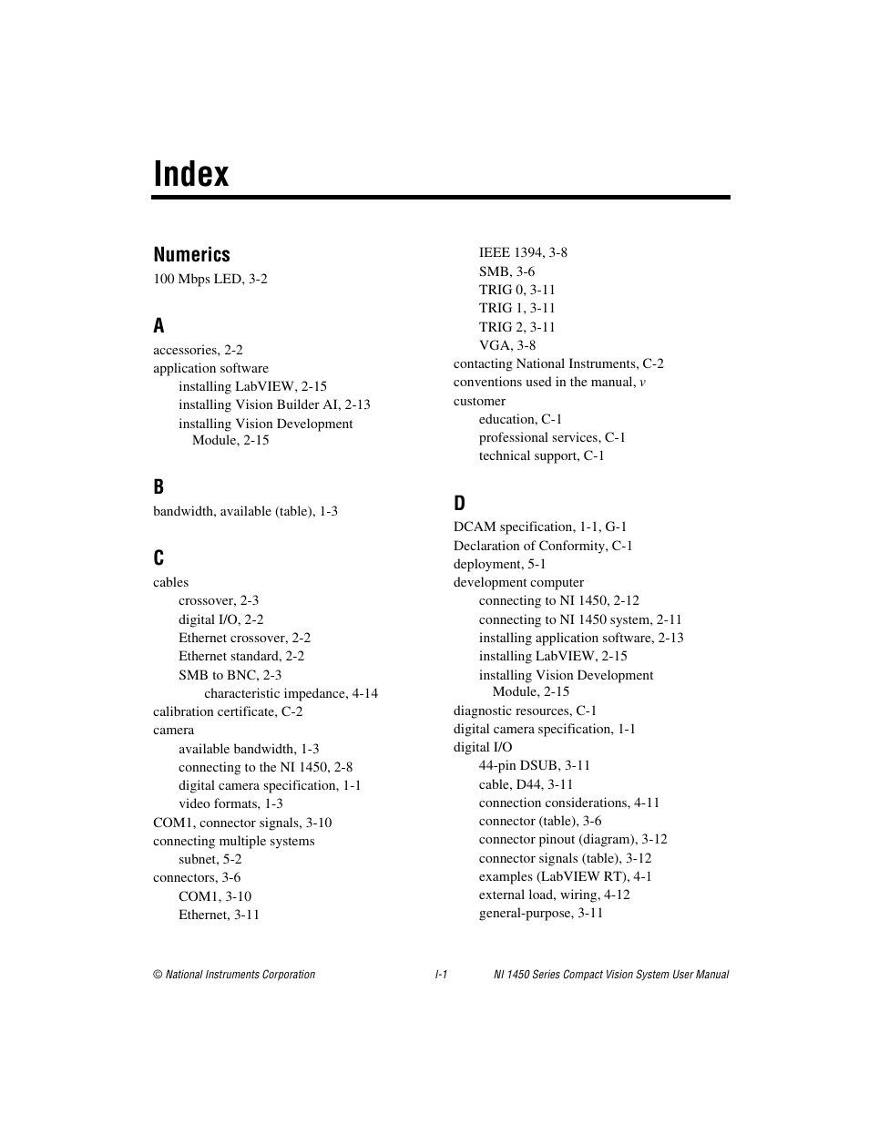 Index, Numerics | National Instruments NI 1450 Series User Manual | Page 79 / 83