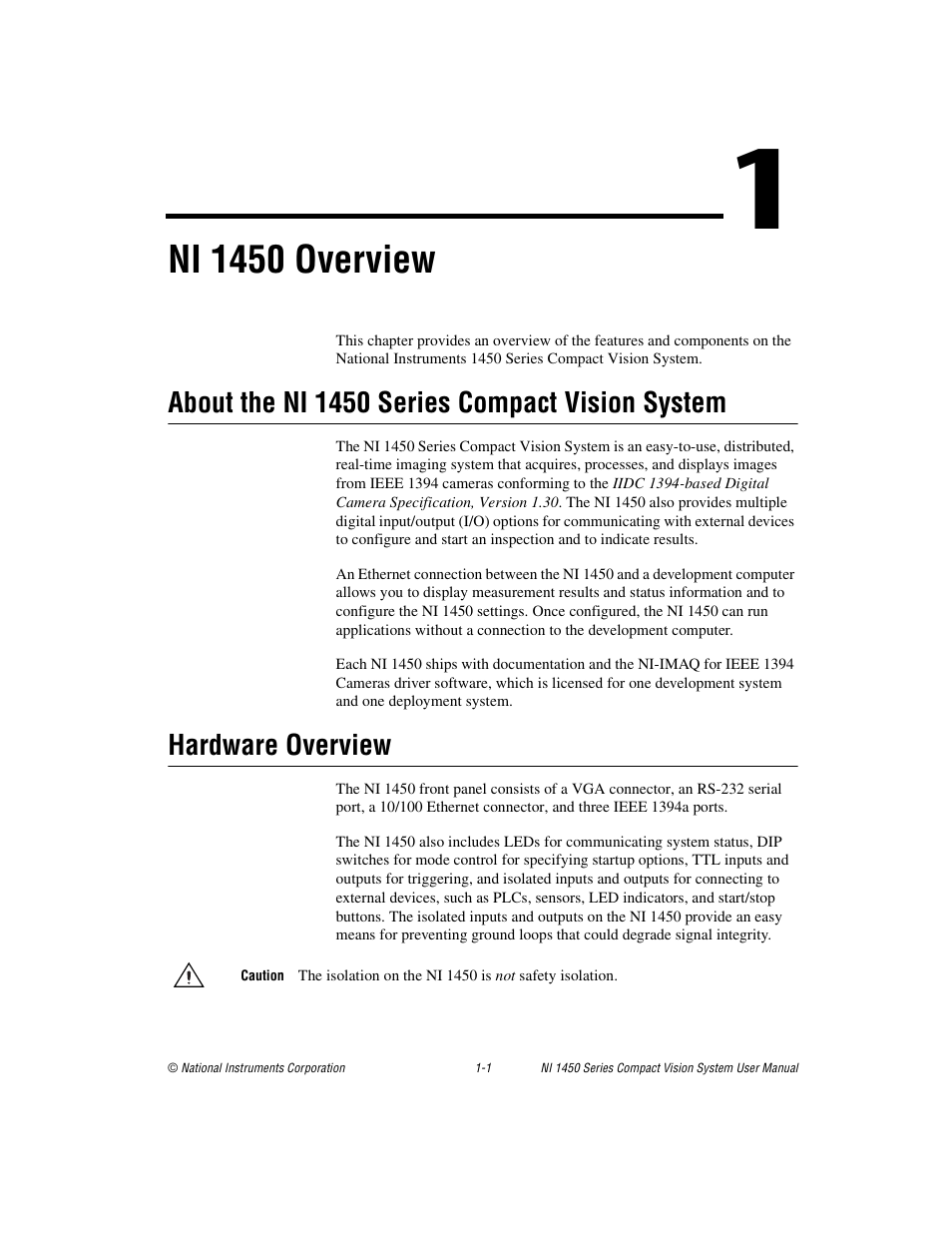 Chapter 1 ni 1450 overview, About the ni 1450 series compact vision system, Hardware overview | Ni 1450 overview | National Instruments NI 1450 Series User Manual | Page 9 / 83