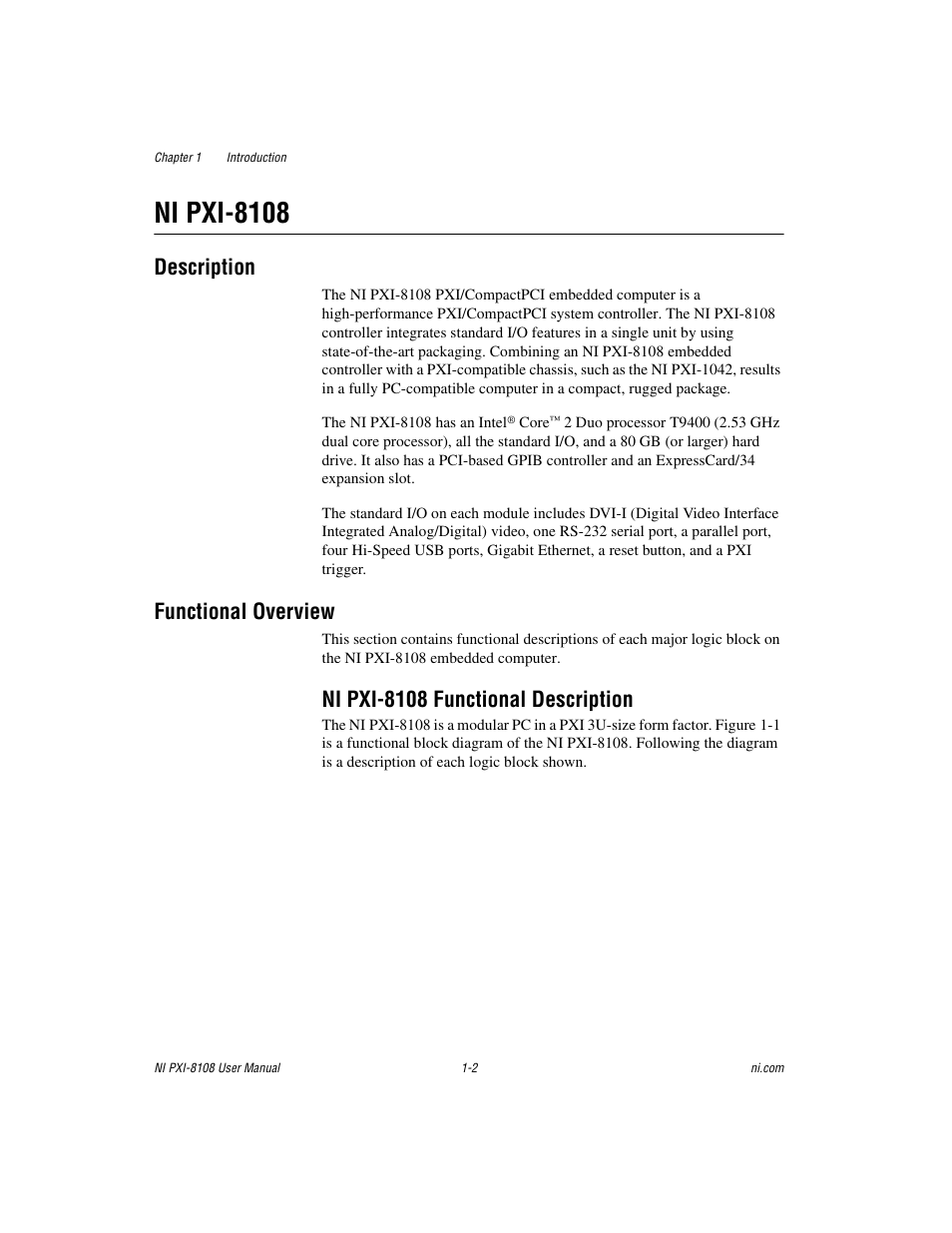 Ni pxi-8108, Description, Functional overview | Ni pxi-8108 functional description, Ni pxi-8108 -2, Description -2 functional overview -2, Ni pxi-8108 functional description -2 | National Instruments PXI/CompactPCI Embedded Computer NI PXI-8108 User Manual | Page 10 / 83