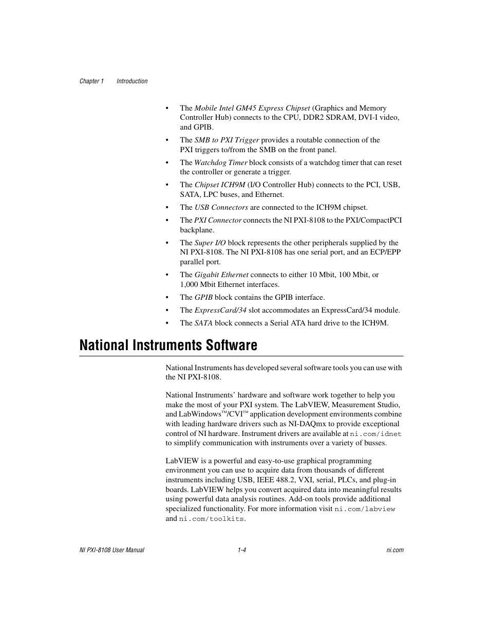 National instruments software, National instruments software -4 | National Instruments PXI/CompactPCI Embedded Computer NI PXI-8108 User Manual | Page 12 / 83