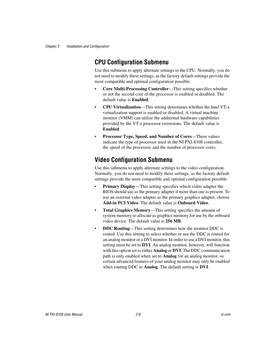 Cpu configuration submenu, Video configuration submenu | National Instruments PXI/CompactPCI Embedded Computer NI PXI-8108 User Manual | Page 22 / 83