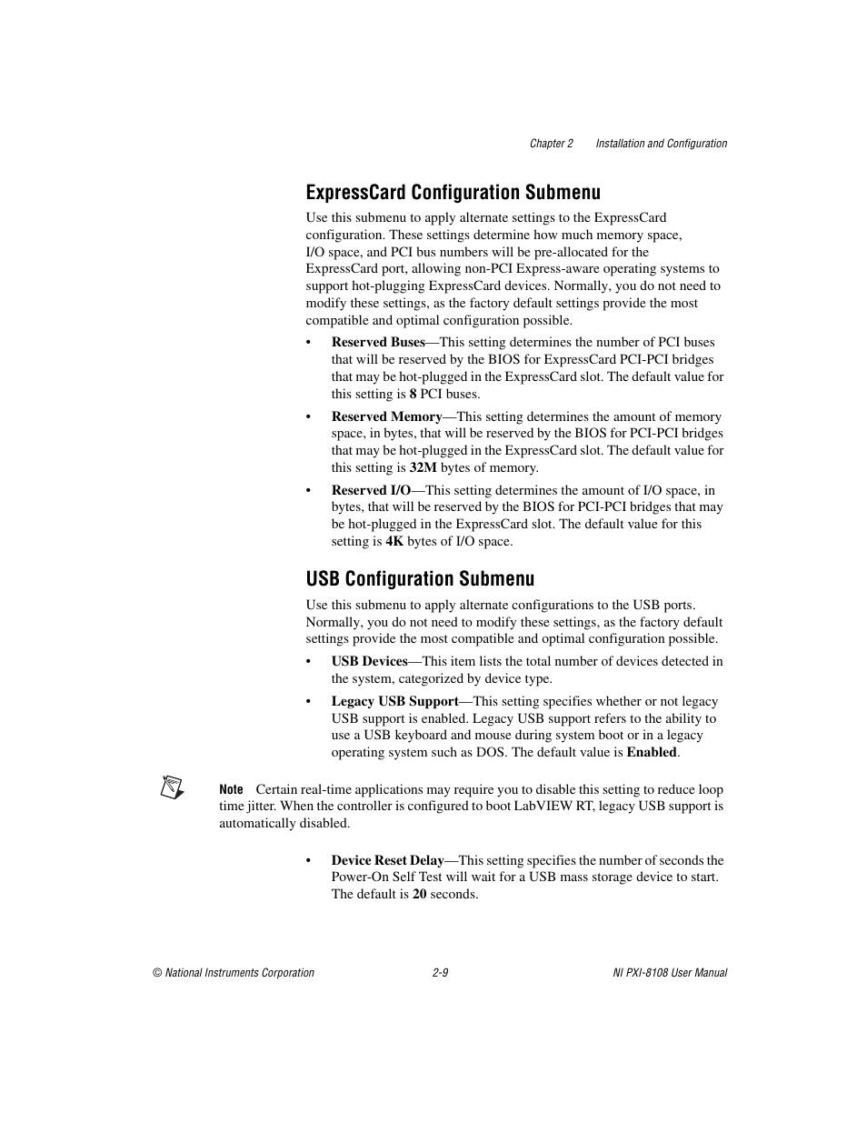 Expresscard configuration submenu, Usb configuration submenu, Expresscard | Configuration submenu | National Instruments PXI/CompactPCI Embedded Computer NI PXI-8108 User Manual | Page 23 / 83