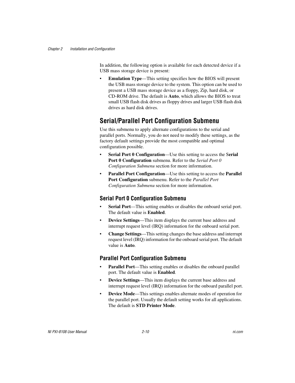 Serial/parallel port configuration submenu, Serial/parallel port configuration submenu -10 | National Instruments PXI/CompactPCI Embedded Computer NI PXI-8108 User Manual | Page 24 / 83