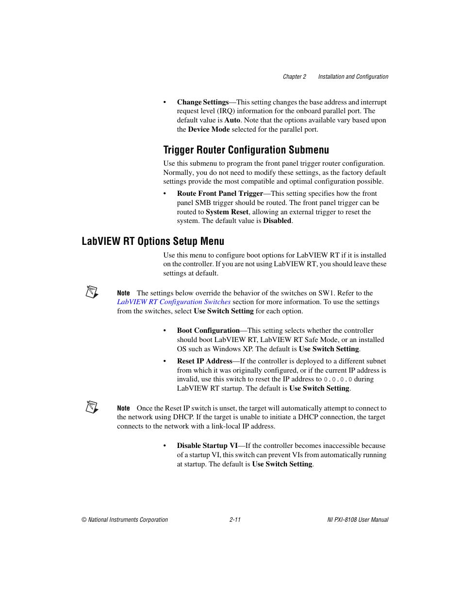 Trigger router configuration submenu, Labview rt options setup menu, Trigger router configuration submenu -11 | Labview rt options setup menu -11, Trigger router, Configuration submenu | National Instruments PXI/CompactPCI Embedded Computer NI PXI-8108 User Manual | Page 25 / 83