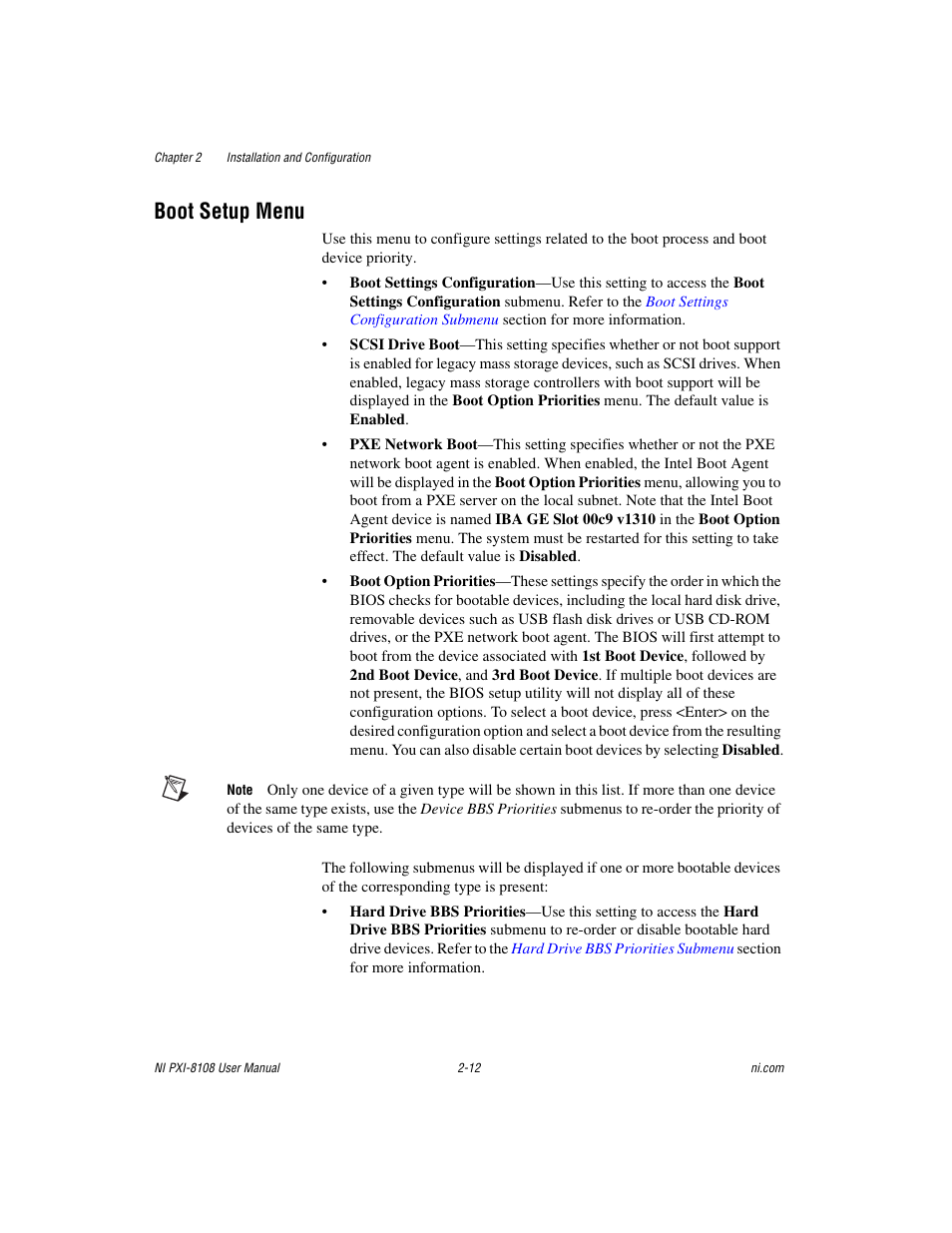 Boot setup menu, Boot setup menu -12 | National Instruments PXI/CompactPCI Embedded Computer NI PXI-8108 User Manual | Page 26 / 83