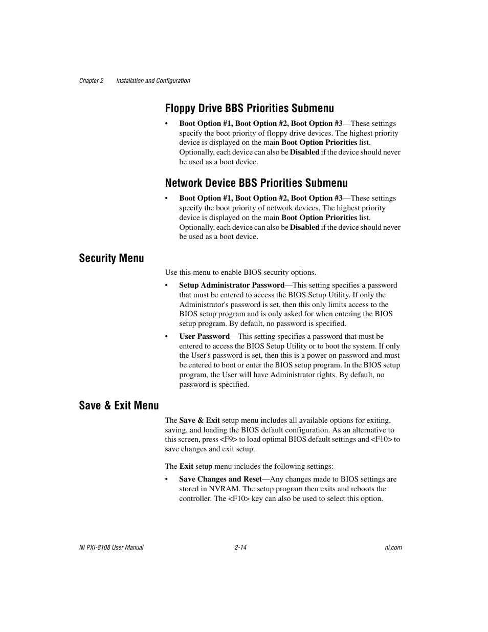 Floppy drive bbs priorities submenu, Network device bbs priorities submenu, Security menu | Save & exit menu, Security menu -14 save & exit menu -14, Network device bbs priorities, Submenu | National Instruments PXI/CompactPCI Embedded Computer NI PXI-8108 User Manual | Page 28 / 83