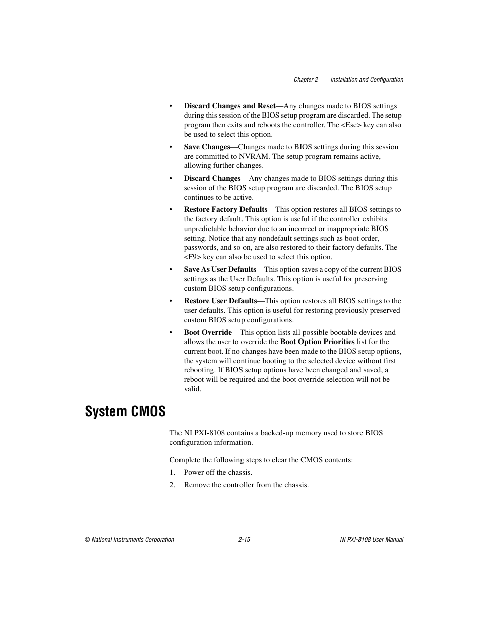 System cmos, System cmos -15 | National Instruments PXI/CompactPCI Embedded Computer NI PXI-8108 User Manual | Page 29 / 83