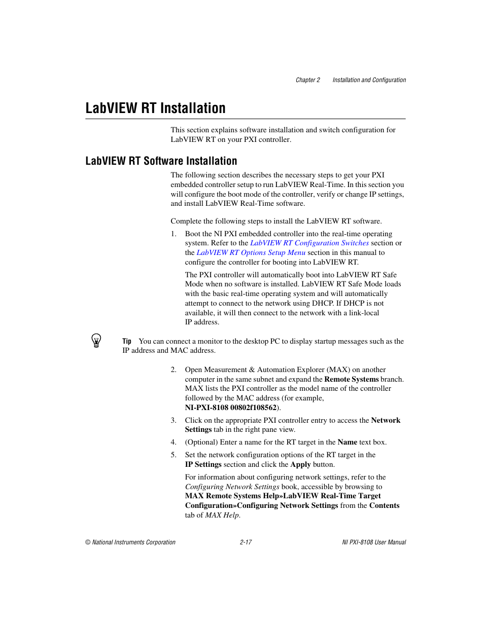 Labview rt installation, Labview rt software installation, Labview rt installation -17 | Labview rt software installation -17 | National Instruments PXI/CompactPCI Embedded Computer NI PXI-8108 User Manual | Page 31 / 83