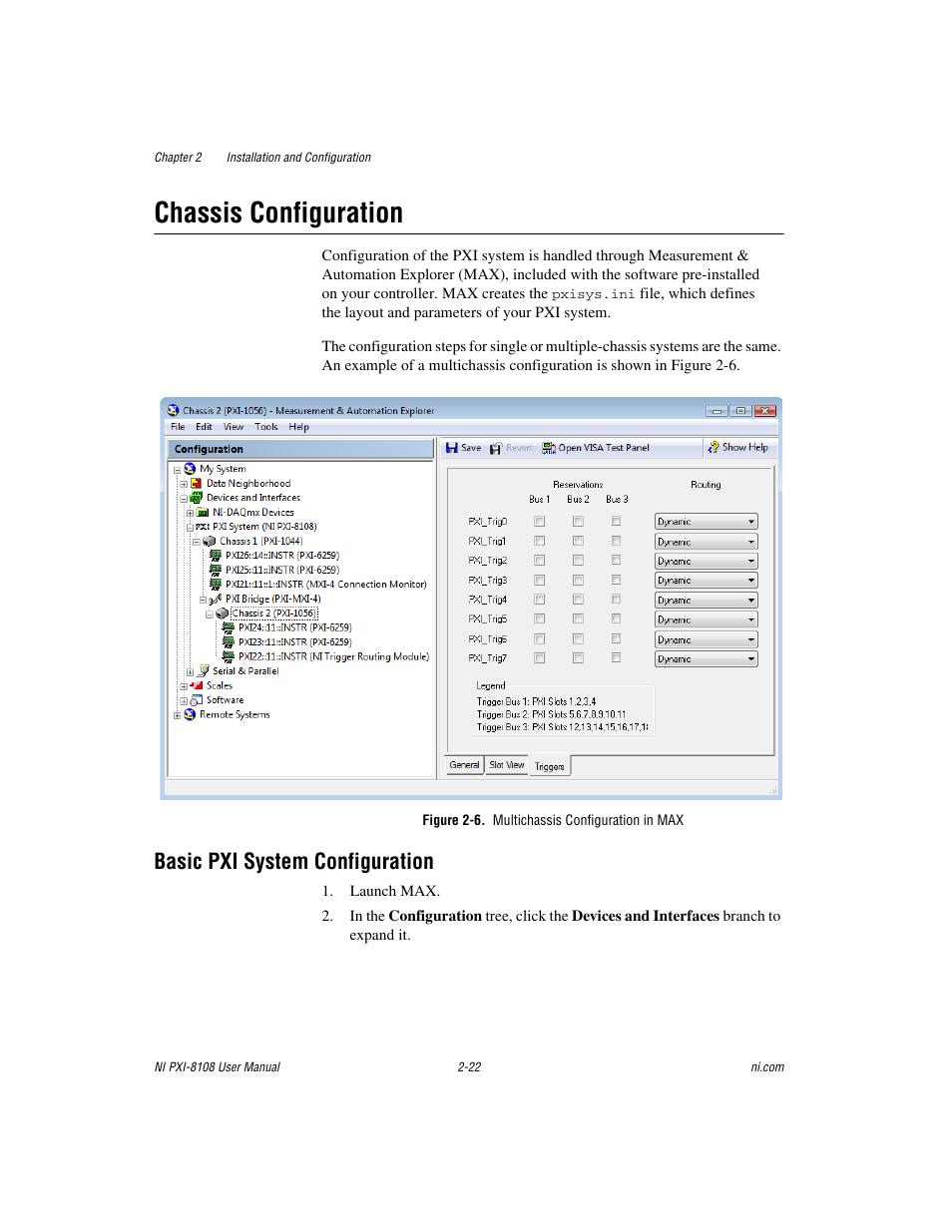 Chassis configuration, Figure 2-6. multichassis configuration in max, Basic pxi system configuration | Chassis configuration -22, Basic pxi system configuration -22 | National Instruments PXI/CompactPCI Embedded Computer NI PXI-8108 User Manual | Page 36 / 83