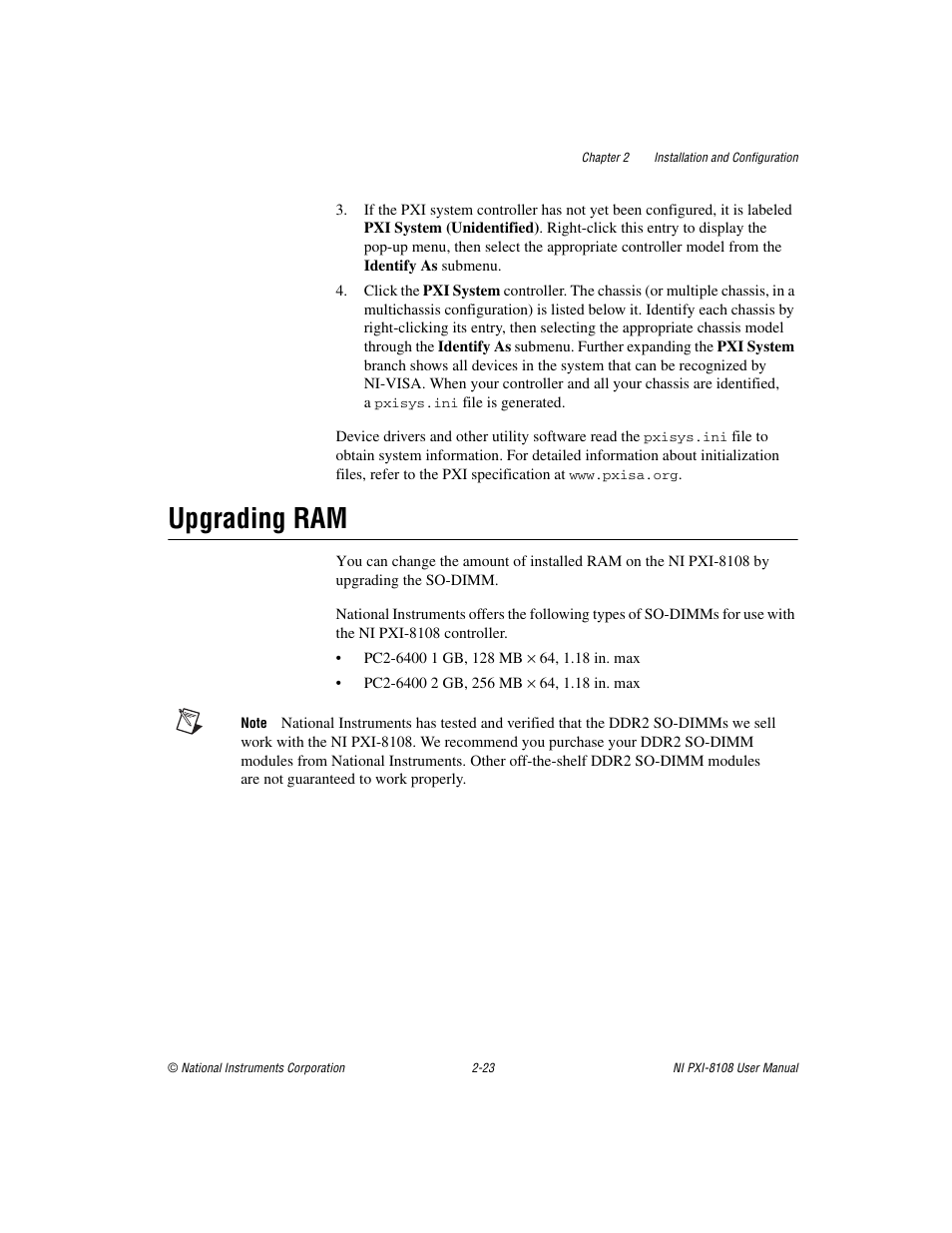 Upgrading ram, Upgrading ram -23 | National Instruments PXI/CompactPCI Embedded Computer NI PXI-8108 User Manual | Page 37 / 83