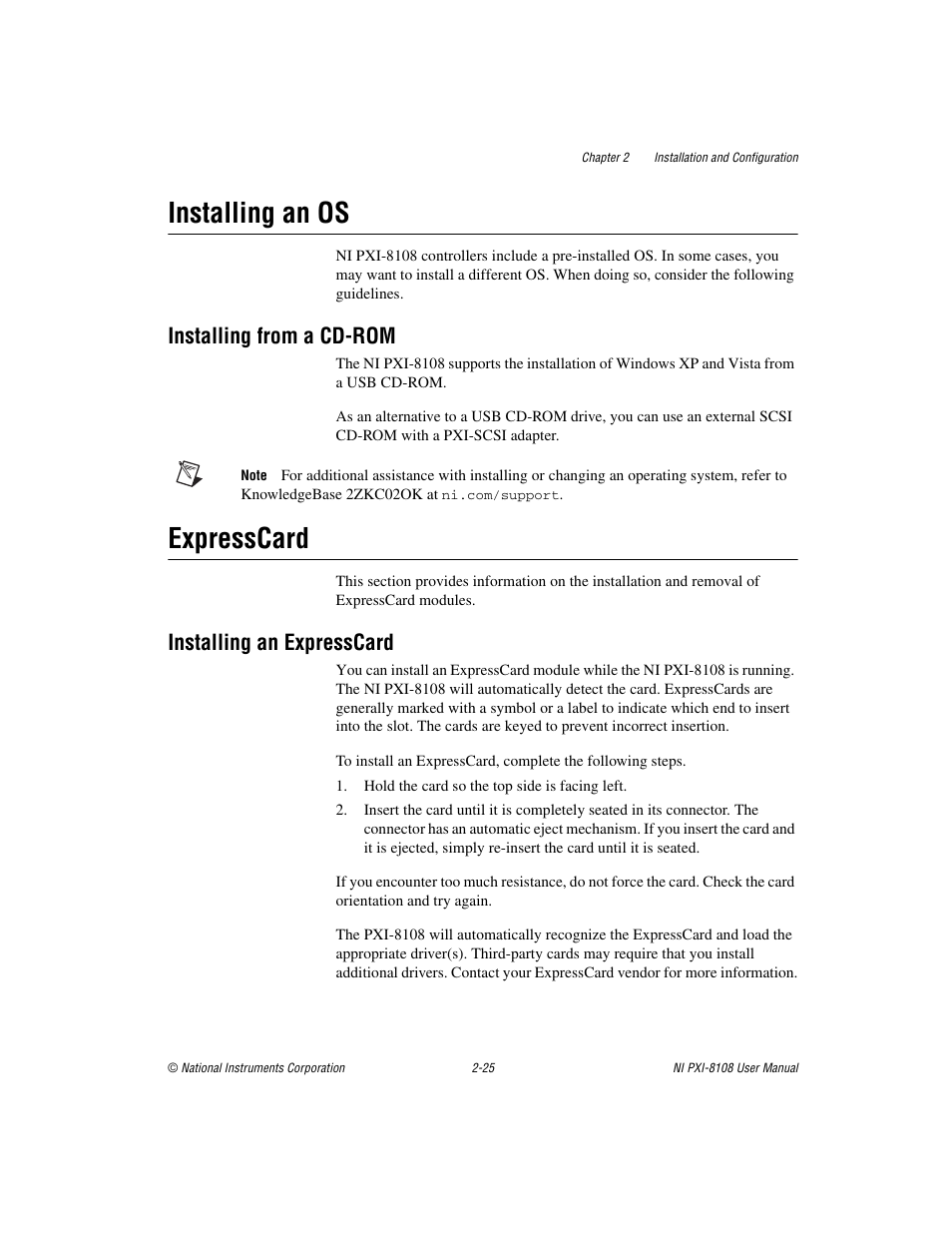 Installing an os, Installing from a cd-rom, Expresscard | Installing an expresscard, Installing an os -25, Installing from a cd-rom -25, Expresscard -25, Installing an expresscard -25 | National Instruments PXI/CompactPCI Embedded Computer NI PXI-8108 User Manual | Page 39 / 83