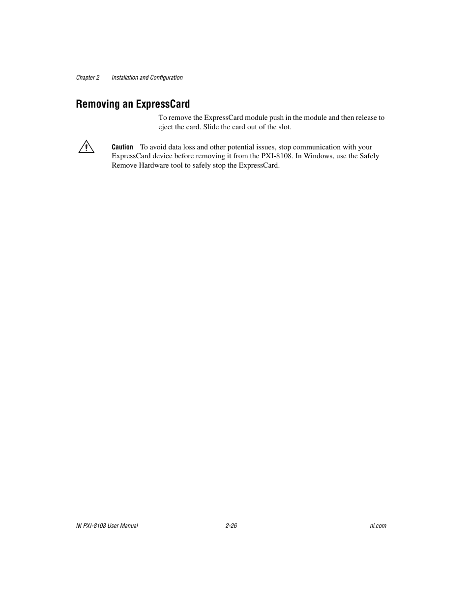 Removing an expresscard, Removing an expresscard -26 | National Instruments PXI/CompactPCI Embedded Computer NI PXI-8108 User Manual | Page 40 / 83