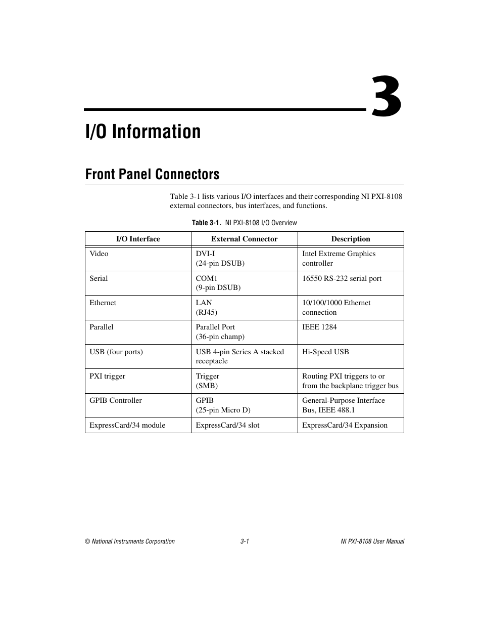 Chapter 3 i/o information, Front panel connectors, Table 3-1. ni pxi-8108 i/o overview | Front panel connectors -1, I/o information | National Instruments PXI/CompactPCI Embedded Computer NI PXI-8108 User Manual | Page 41 / 83