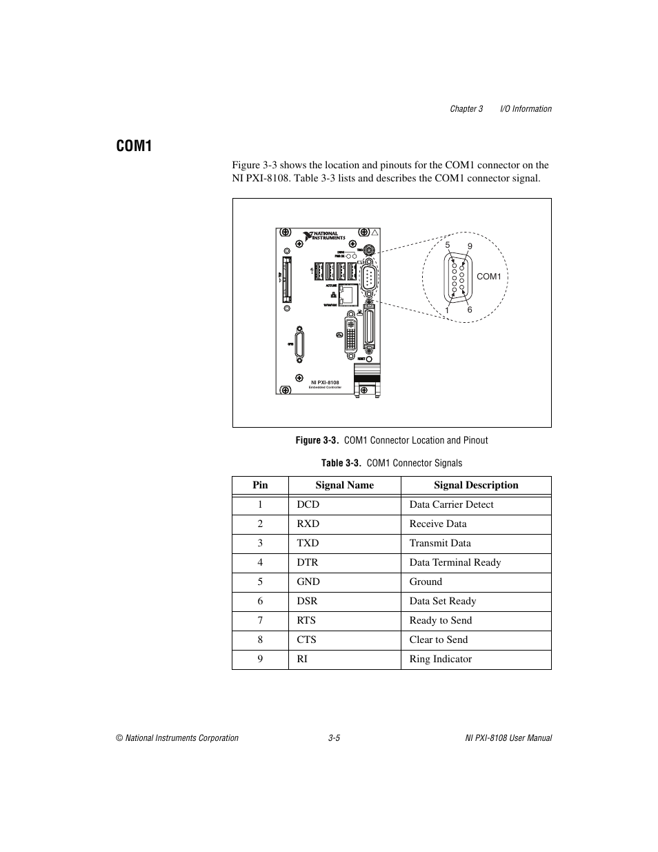 Com1, Figure 3-3. com1 connector location and pinout, Table 3-3. com1 connector signals | Com1 -5 | National Instruments PXI/CompactPCI Embedded Computer NI PXI-8108 User Manual | Page 45 / 83