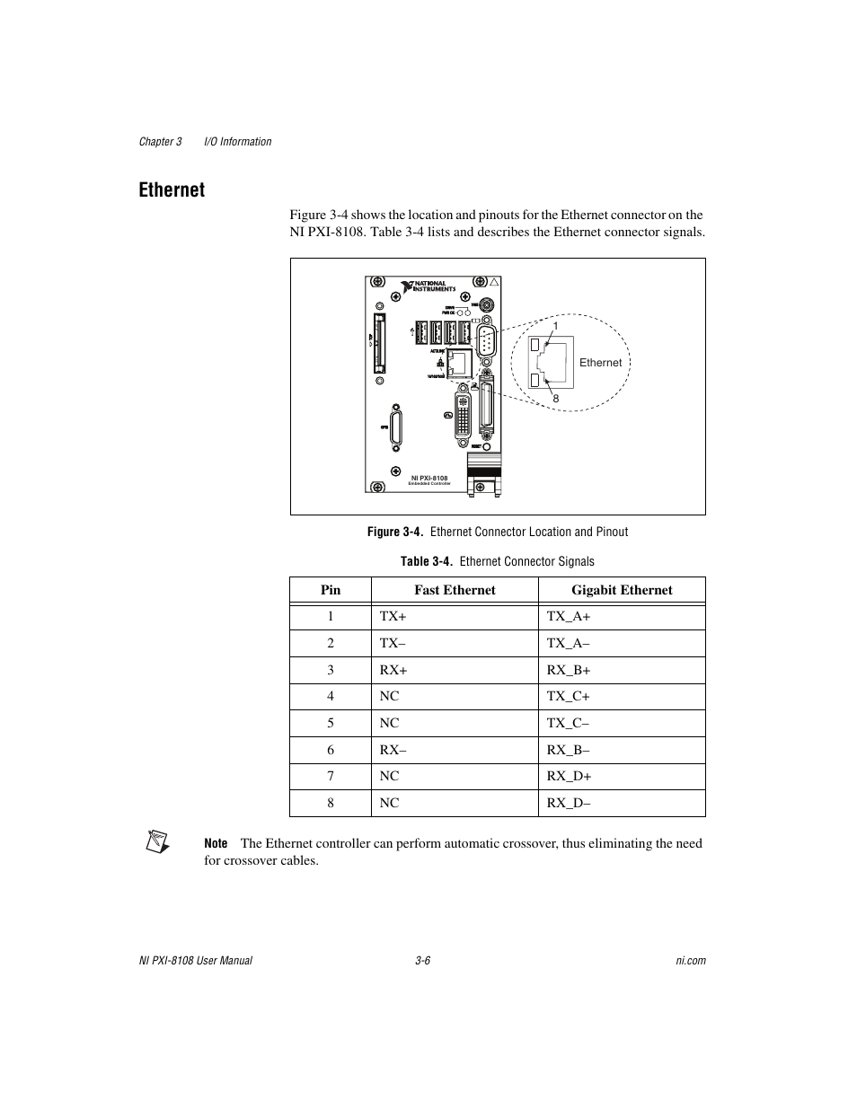 Ethernet, Figure 3-4. ethernet connector location and pinout, Table 3-4. ethernet connector signals | Ethernet -6 | National Instruments PXI/CompactPCI Embedded Computer NI PXI-8108 User Manual | Page 46 / 83