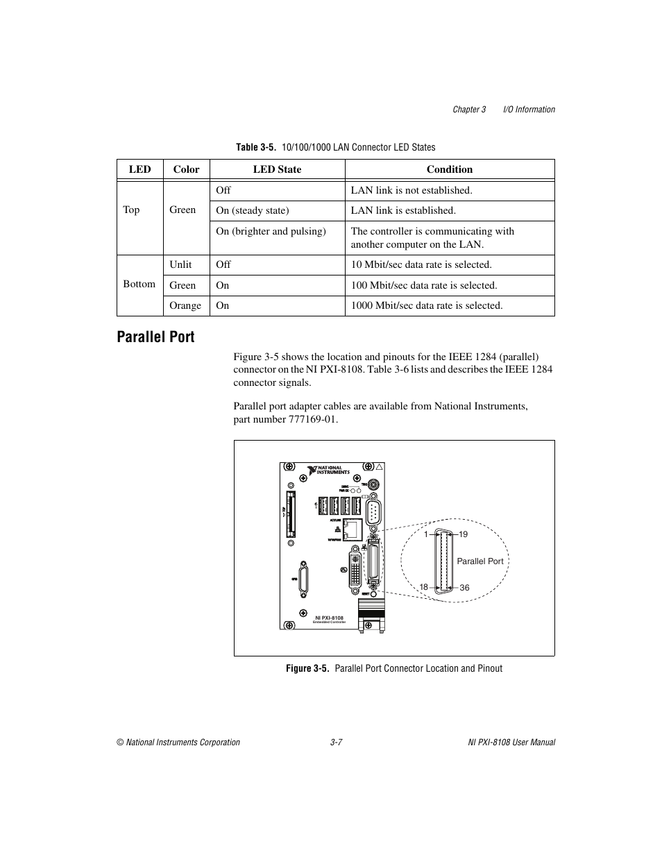 Table 3-5. 10/100/1000 lan connector led states, Parallel port, Parallel port -7 | National Instruments PXI/CompactPCI Embedded Computer NI PXI-8108 User Manual | Page 47 / 83