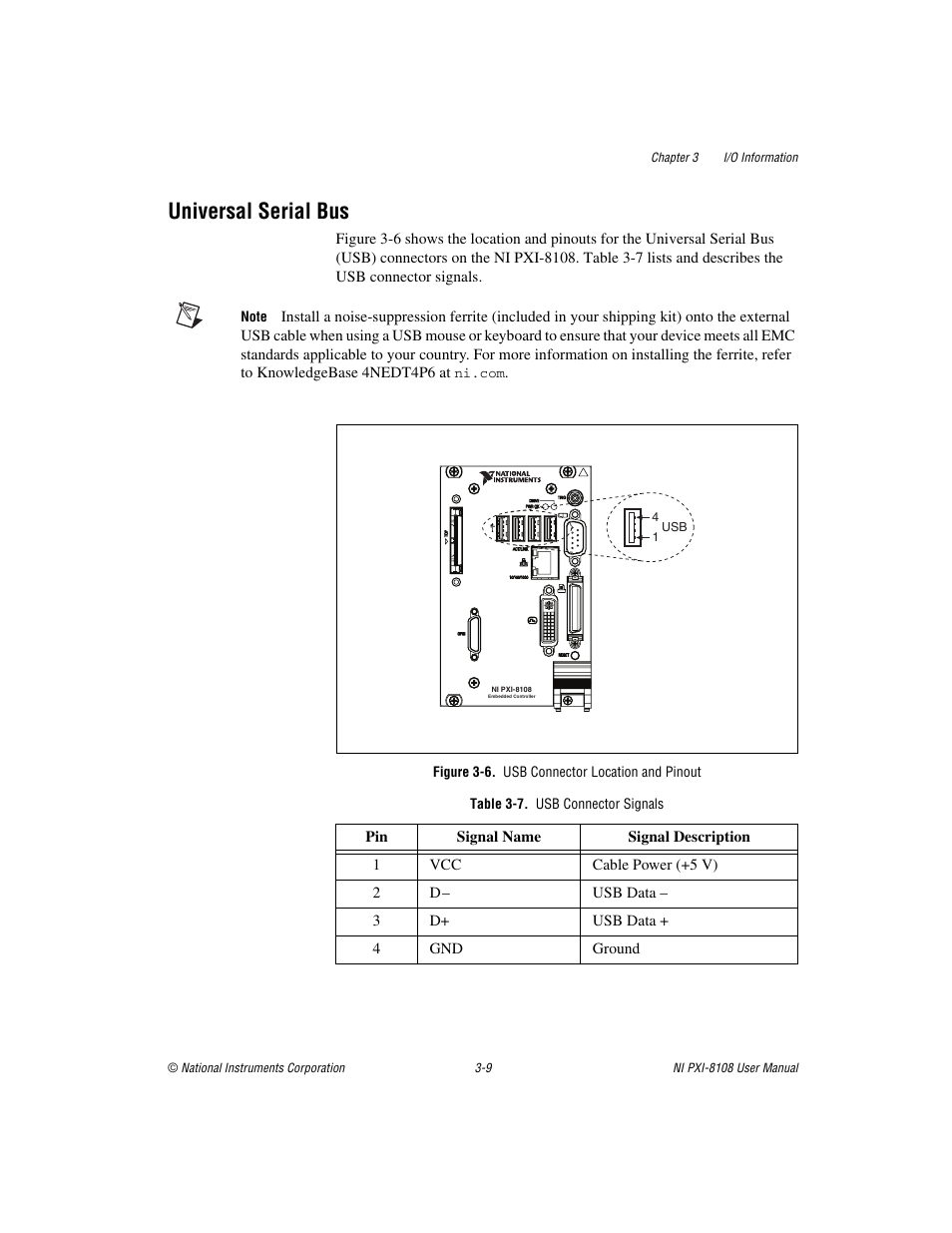 Universal serial bus, Figure 3-6. usb connector location and pinout, Table 3-7. usb connector signals | Universal serial bus -9 | National Instruments PXI/CompactPCI Embedded Computer NI PXI-8108 User Manual | Page 49 / 83
