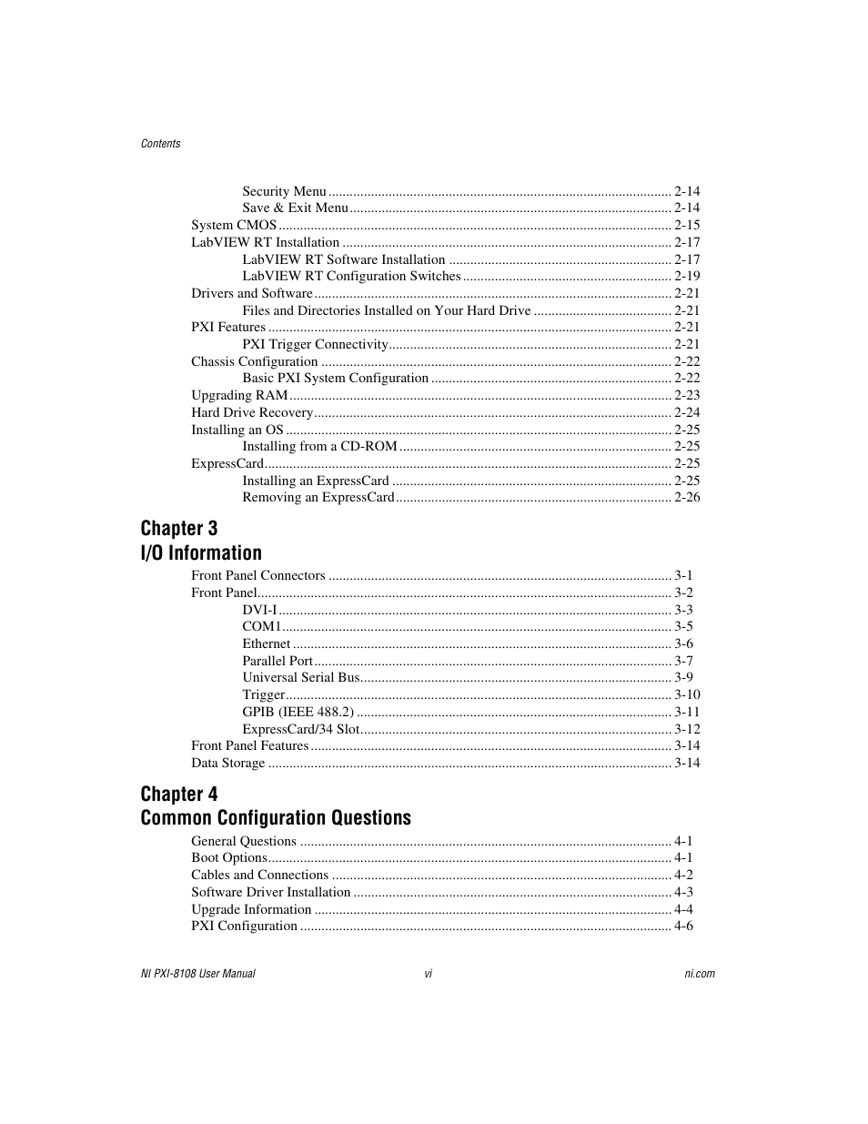 Chapter 3 i/o information, Chapter 4 common configuration questions | National Instruments PXI/CompactPCI Embedded Computer NI PXI-8108 User Manual | Page 5 / 83