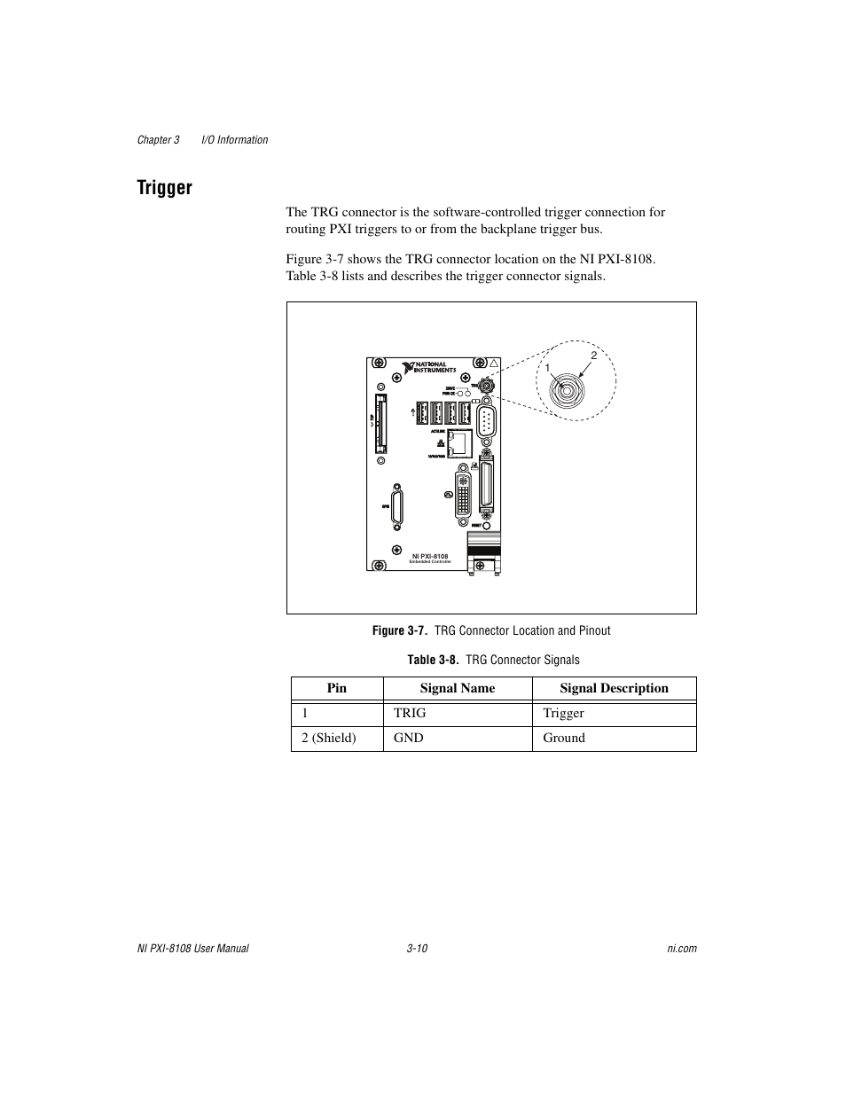 Trigger, Figure 3-7. trg connector location and pinout, Table 3-8. trg connector signals | Trigger -10 | National Instruments PXI/CompactPCI Embedded Computer NI PXI-8108 User Manual | Page 50 / 83
