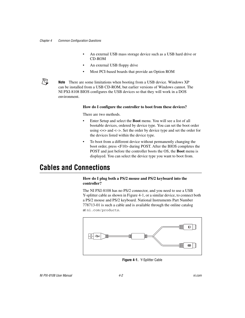 Cables and connections, Figure 4-1. y-splitter cable, Cables and connections -2 | Gure 4-1, Y-splitter cable | National Instruments PXI/CompactPCI Embedded Computer NI PXI-8108 User Manual | Page 56 / 83