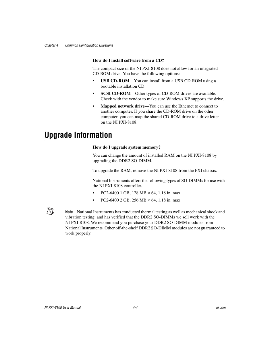 Upgrade information, Upgrade information -4 | National Instruments PXI/CompactPCI Embedded Computer NI PXI-8108 User Manual | Page 58 / 83