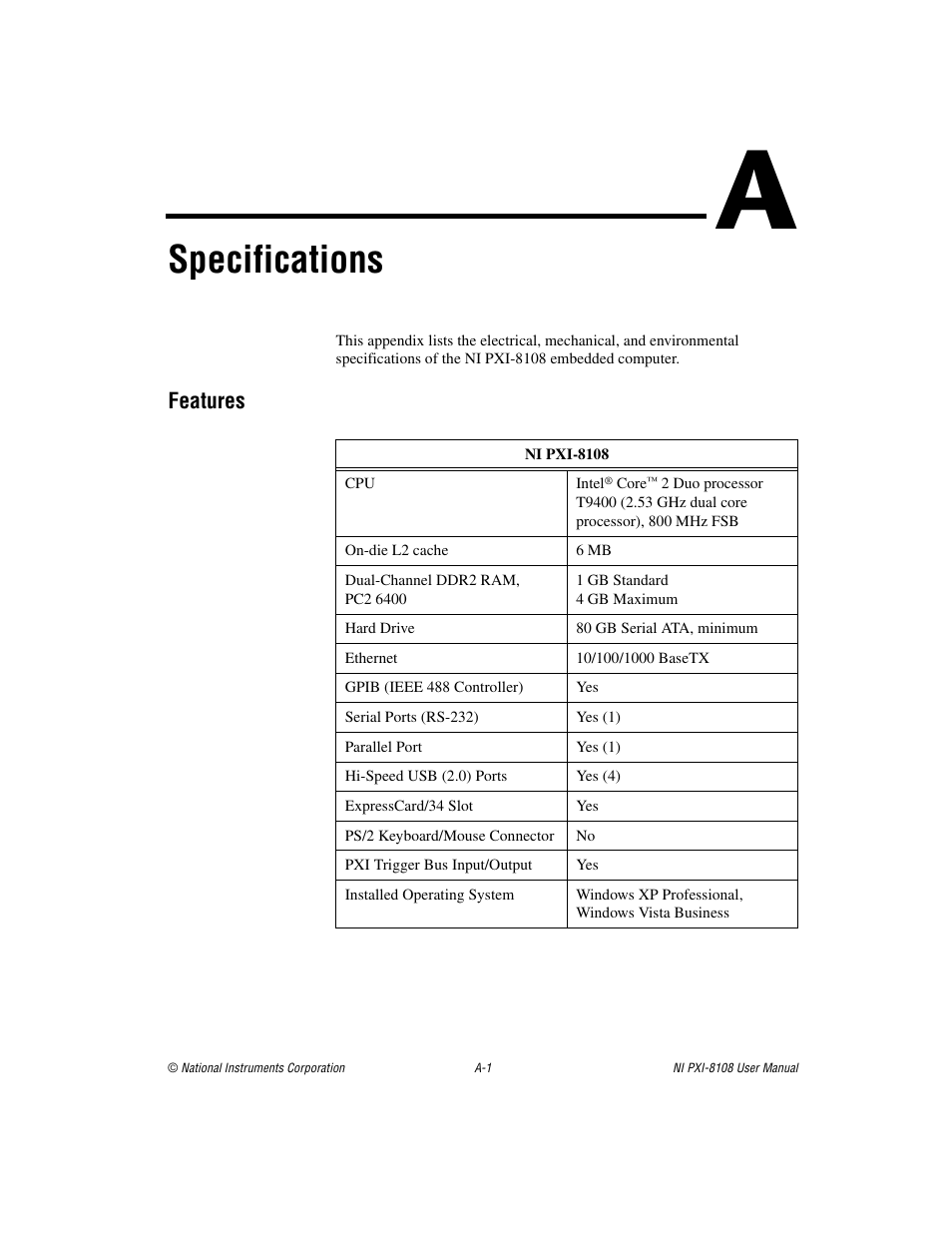 Appendix a specifications, Specifications | National Instruments PXI/CompactPCI Embedded Computer NI PXI-8108 User Manual | Page 64 / 83