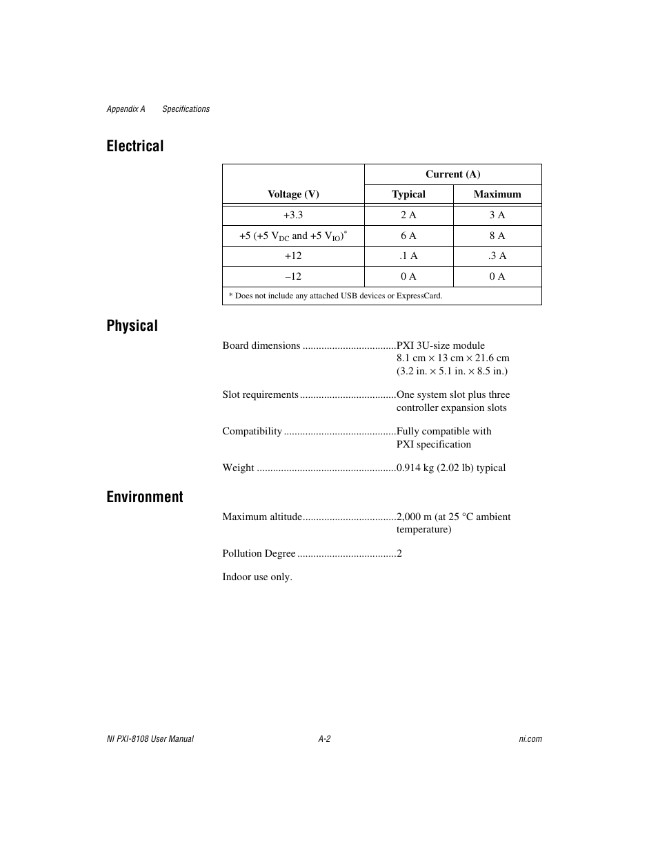 Electrical physical, Environment | National Instruments PXI/CompactPCI Embedded Computer NI PXI-8108 User Manual | Page 65 / 83