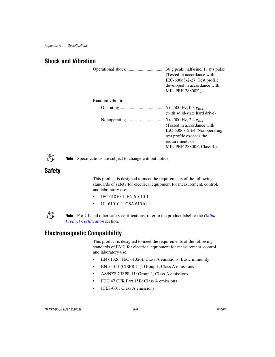 Shock and vibration, Safety, Electromagnetic compatibility | National Instruments PXI/CompactPCI Embedded Computer NI PXI-8108 User Manual | Page 67 / 83