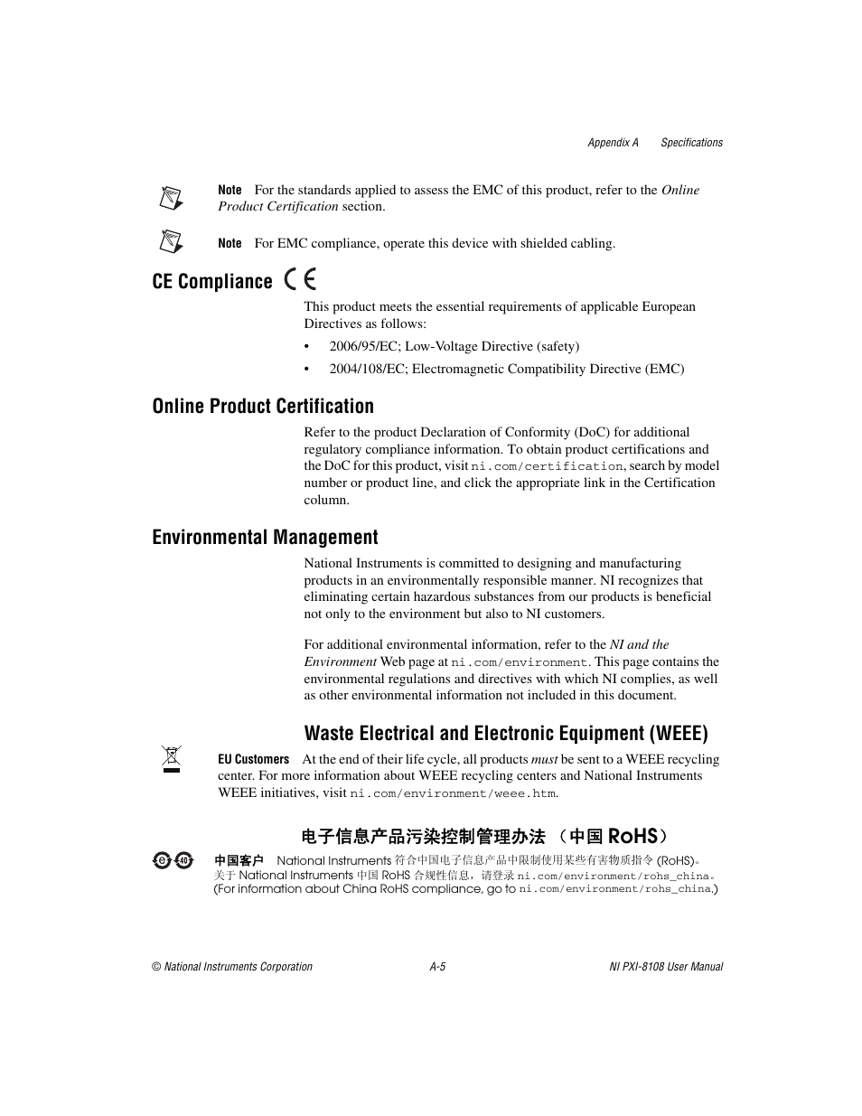 Rohs, Ce compliance, Online product certification | Environmental management, Waste electrical and electronic equipment (weee), ᄤֵᙃѻક∵ᶧ᥻ࠊㅵ⧚ࡲ⊩ ˄ё | National Instruments PXI/CompactPCI Embedded Computer NI PXI-8108 User Manual | Page 68 / 83