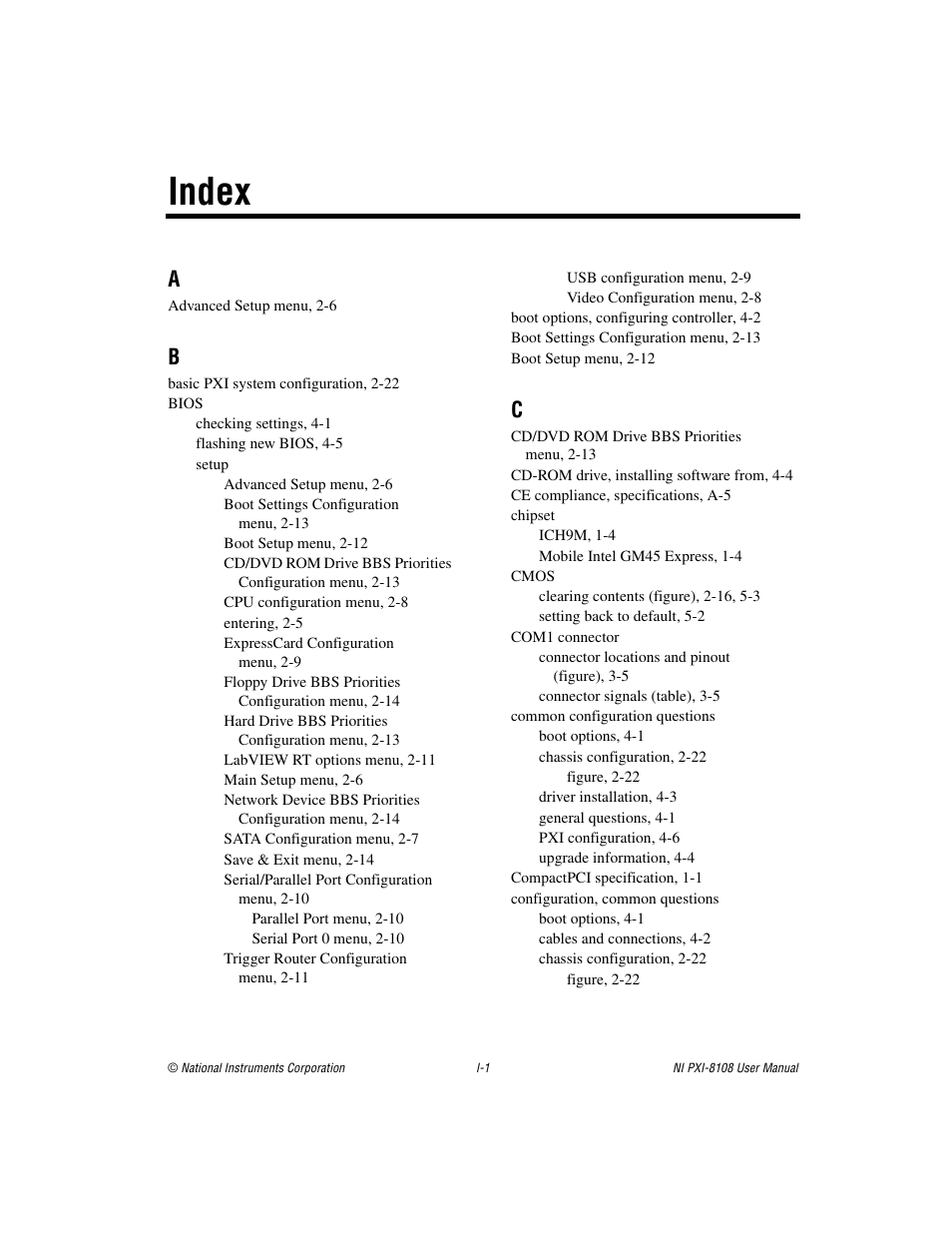 Index | National Instruments PXI/CompactPCI Embedded Computer NI PXI-8108 User Manual | Page 78 / 83
