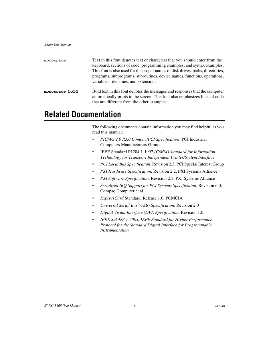 Related documentation | National Instruments PXI/CompactPCI Embedded Computer NI PXI-8108 User Manual | Page 8 / 83