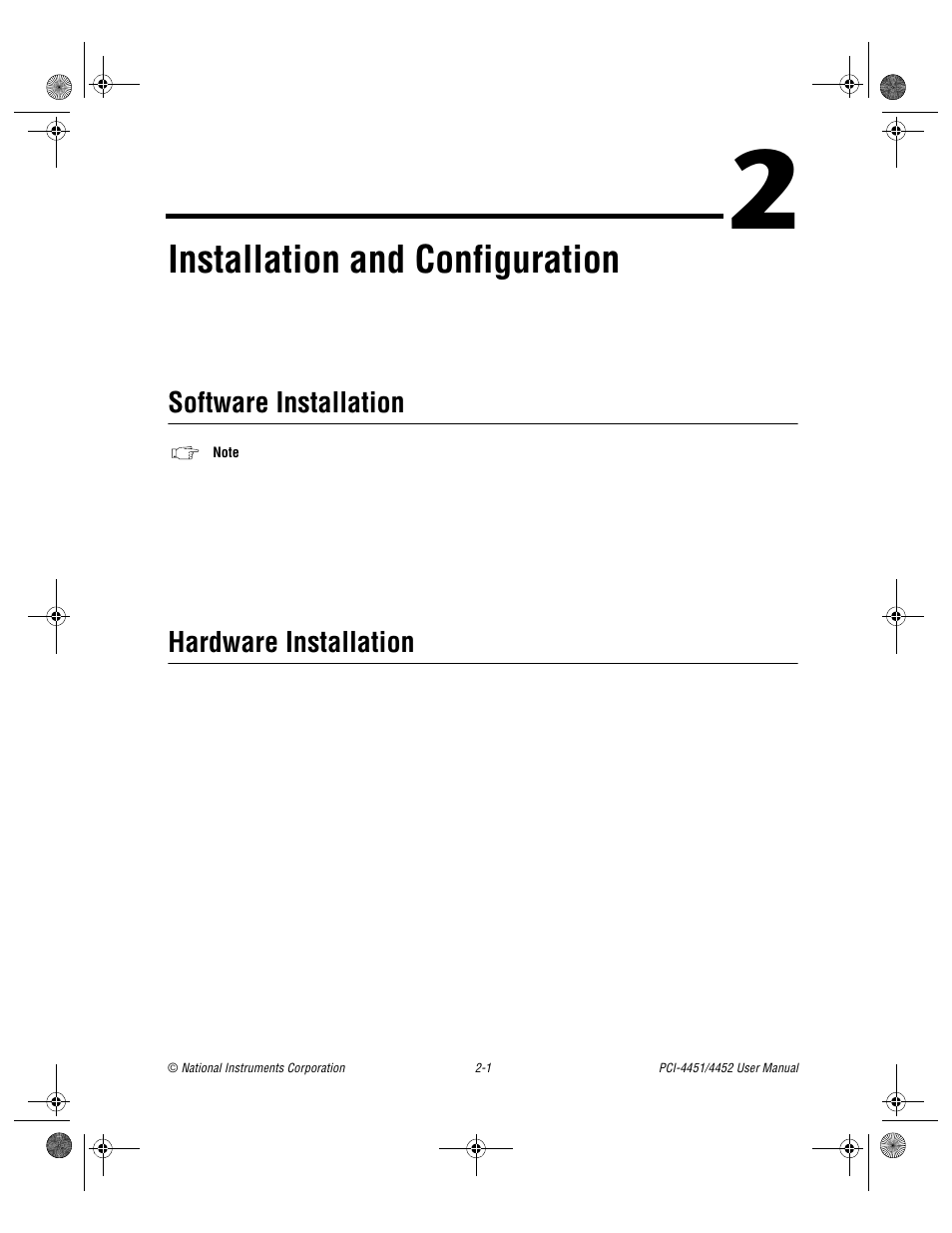 Chapter 2 installation and configuration, Software installation, Hardware installation | Software installation -1 hardware installation -1, Er 2, Installation and configuration | National Instruments PCI-4452 User Manual | Page 16 / 115