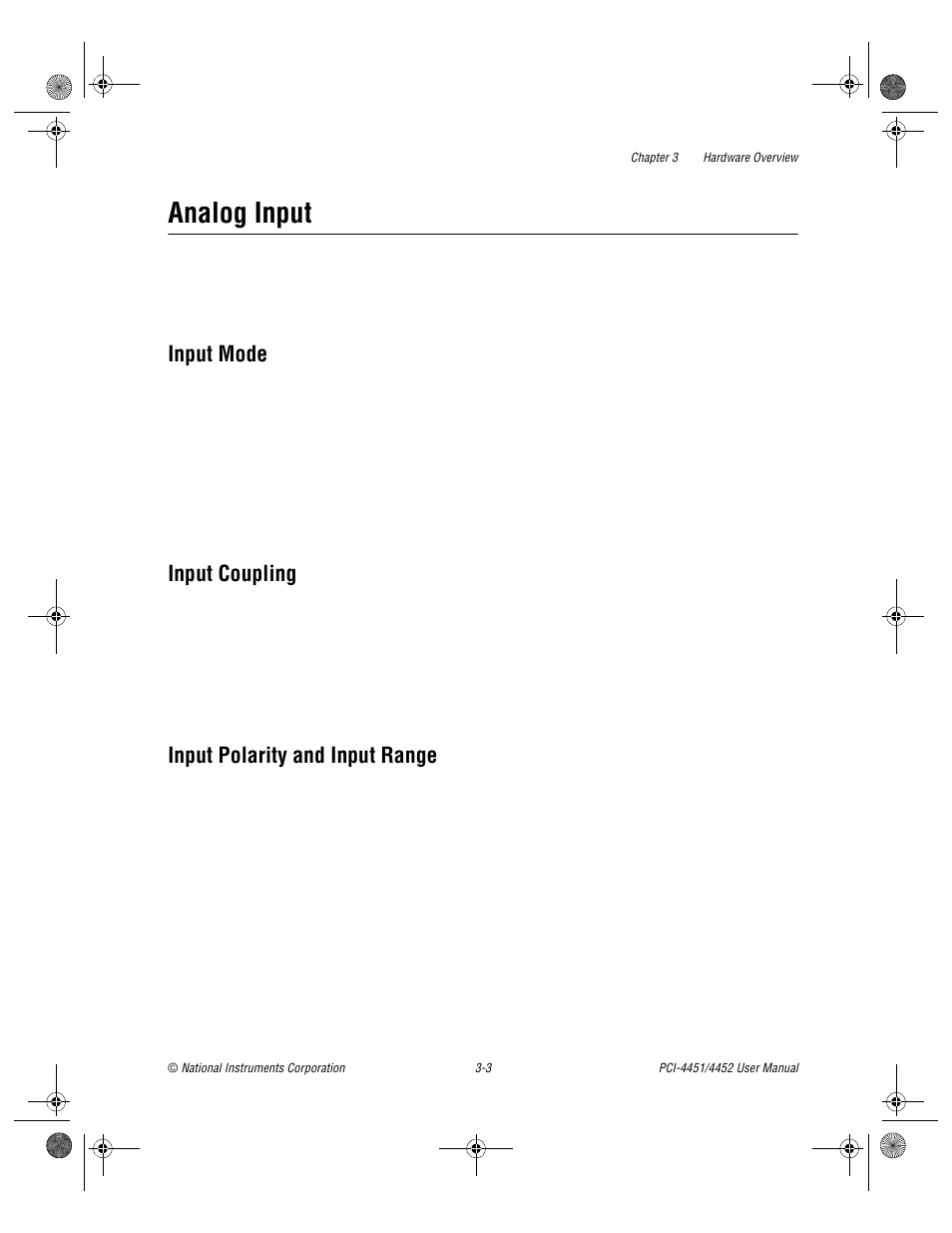 Analog input, Input mode, Input coupling | Input polarity and input range, Analog input -3 | National Instruments PCI-4452 User Manual | Page 20 / 115