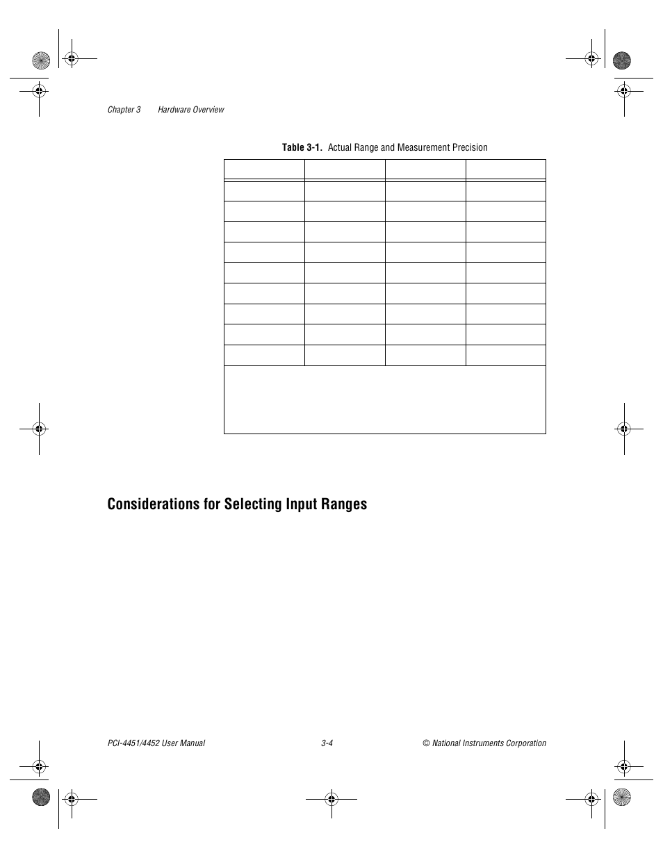 Considerations for selecting input ranges, Table 3-1. actual range and measurement precision, Considerations for selecting input ranges -4 | Table 3-1, Actual range and measurement precision -4 | National Instruments PCI-4452 User Manual | Page 21 / 115