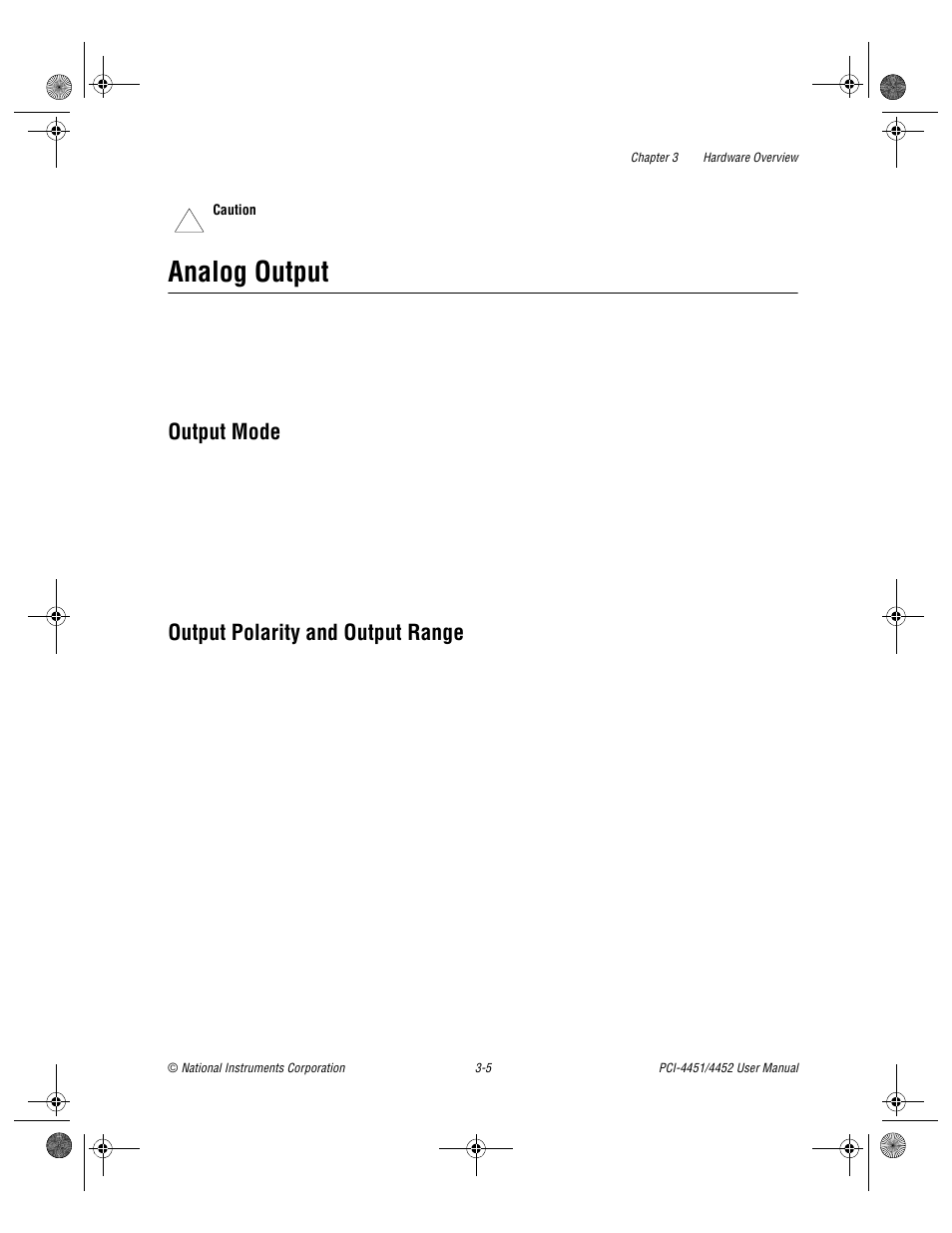 Analog output, Output mode, Output polarity and output range | Analog output -5, Output mode -5 output polarity and output range -5 | National Instruments PCI-4452 User Manual | Page 22 / 115