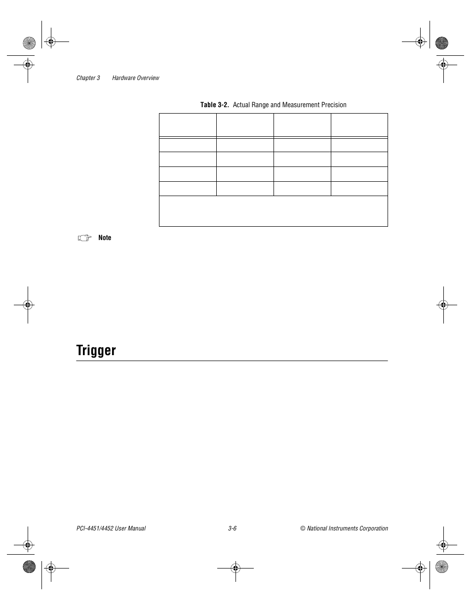Trigger, Table 3-2. actual range and measurement precision, Trigger -6 | Table 3-2, Actual range and measurement precision -6 | National Instruments PCI-4452 User Manual | Page 23 / 115