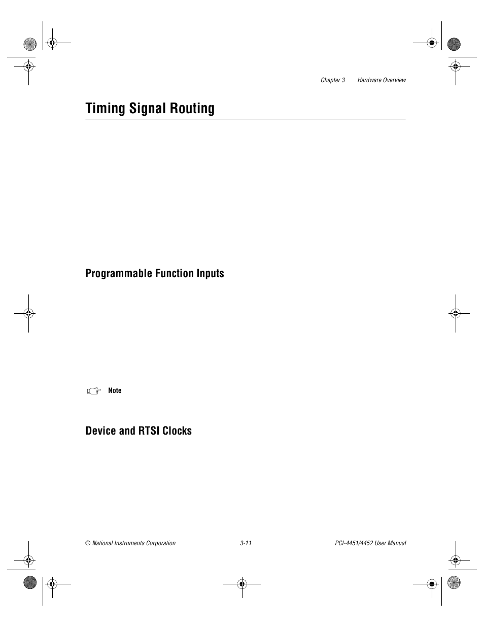 Timing signal routing, Programmable function inputs, Device and rtsi clocks | Timing signal routing -11, Programmable function inputs -11, Device and rtsi clocks -11 | National Instruments PCI-4452 User Manual | Page 28 / 115