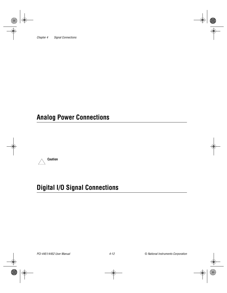 Analog power connections, Digital i/o signal connections | National Instruments PCI-4452 User Manual | Page 42 / 115