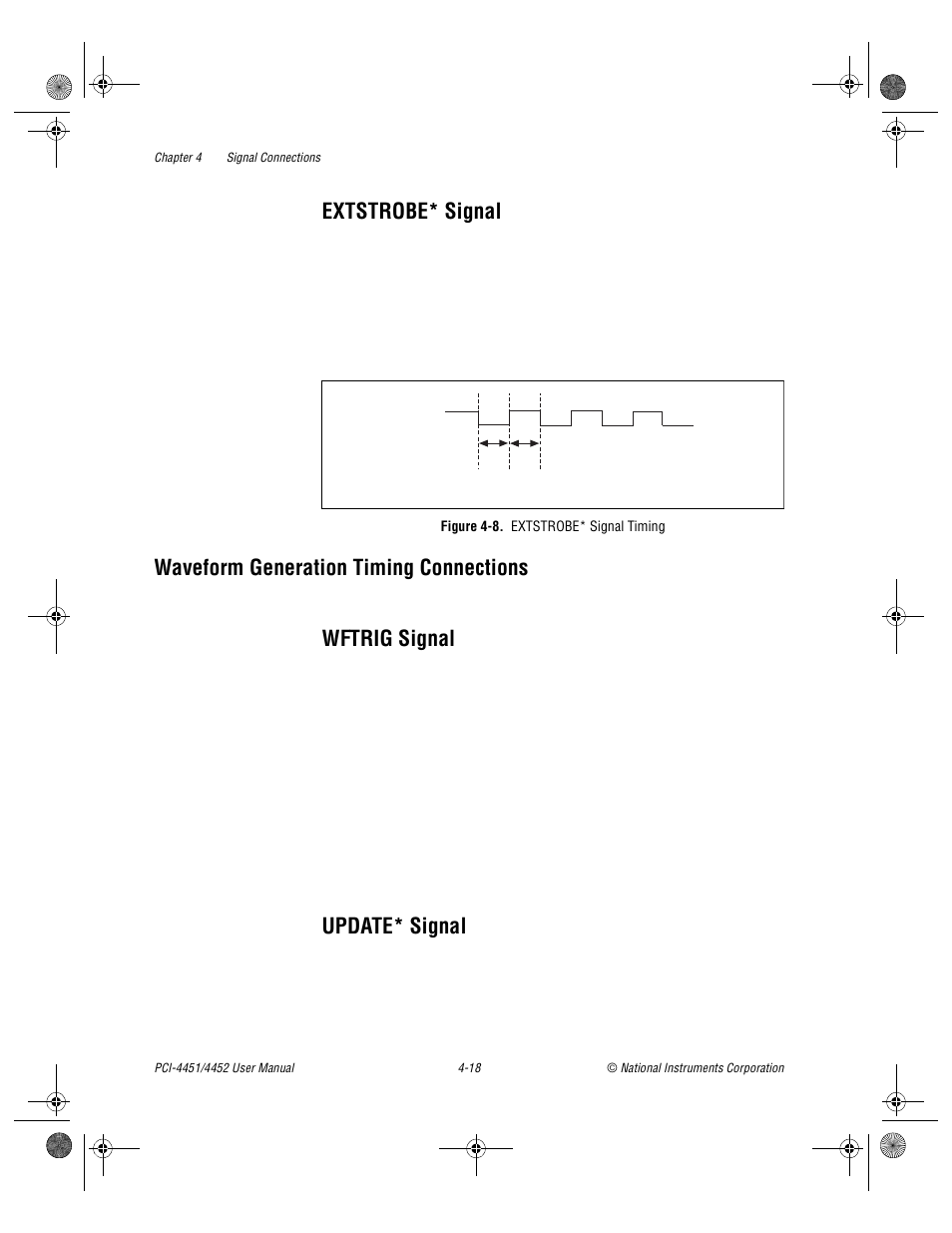 Extstrobe* signal, Waveform generation timing connections, Wftrig signal | Update* signal, Figure 4-8. extstrobe* signal timing, Extstrobe* signal -18, Waveform generation timing connections -18, Wftrig signal -18 update* signal -18, Figure 4-8, Extstrobe* signal timing -18 | National Instruments PCI-4452 User Manual | Page 48 / 115